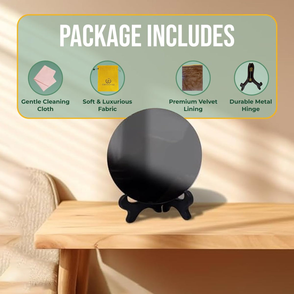 Black Obsidian Scrying Mirror 3.94 in with Wooden Stand, Premium Quality Obsidian Mirror for Meditation, Witchcraft, Divination and Spiritual Practices (100 mm)