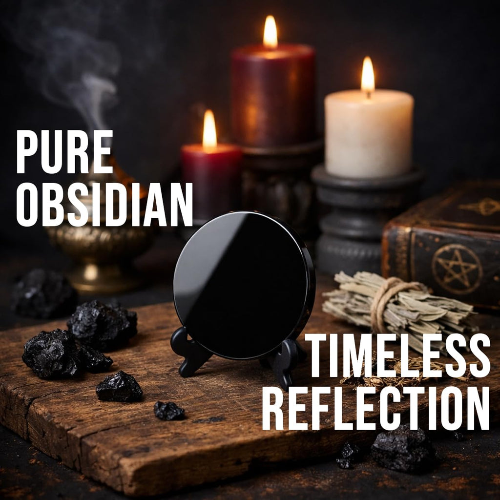 Black Obsidian Scrying Mirror 3.94 in with Wooden Stand, Premium Quality Obsidian Mirror for Meditation, Witchcraft, Divination and Spiritual Practices (100 mm)