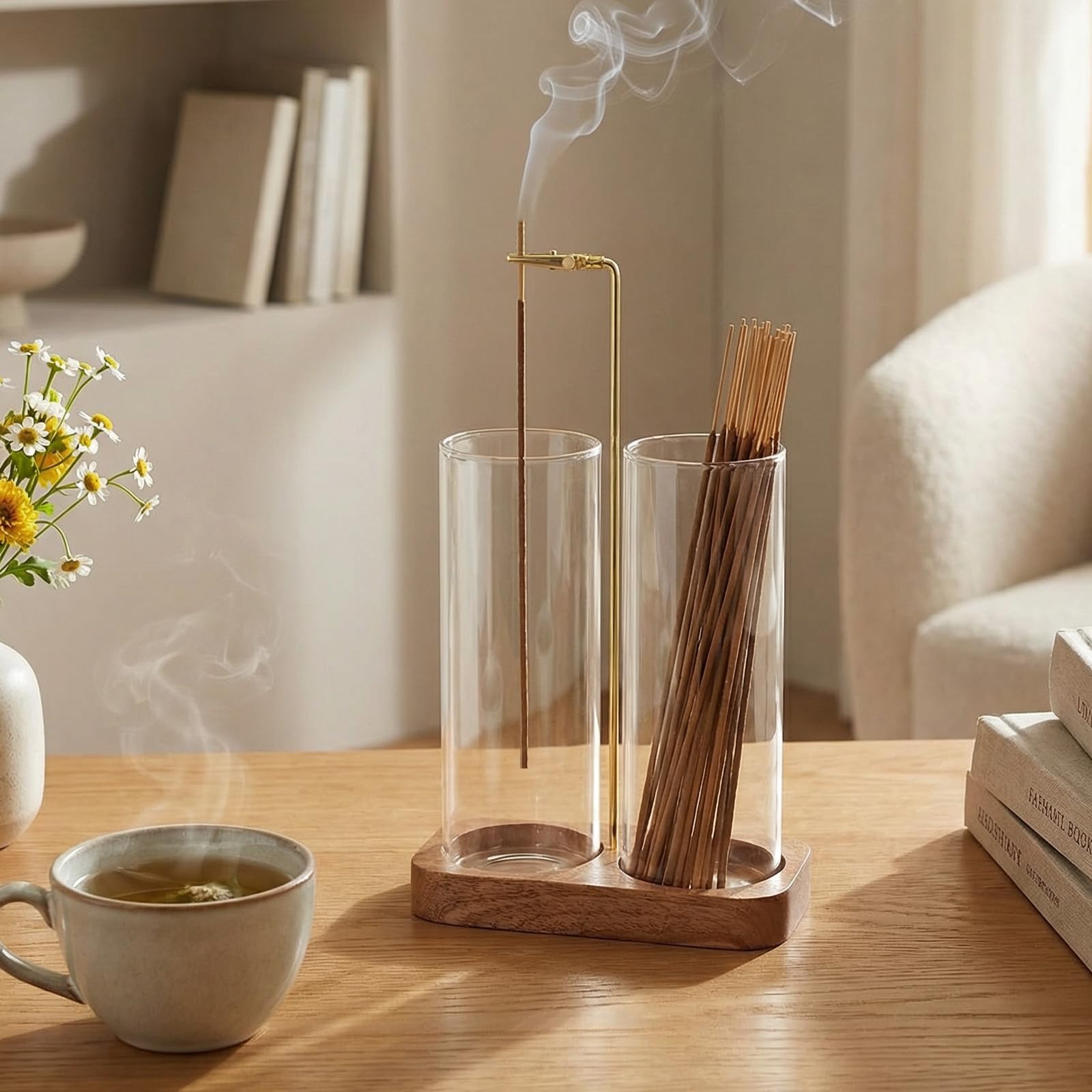 Incense Holder,Wooden Incense Holder for Sticks with 20 Incense Sticks, Anti-ash Incense Burner with Glass Ash Catcher for Meditation Yoga Spa Gift Home Decor