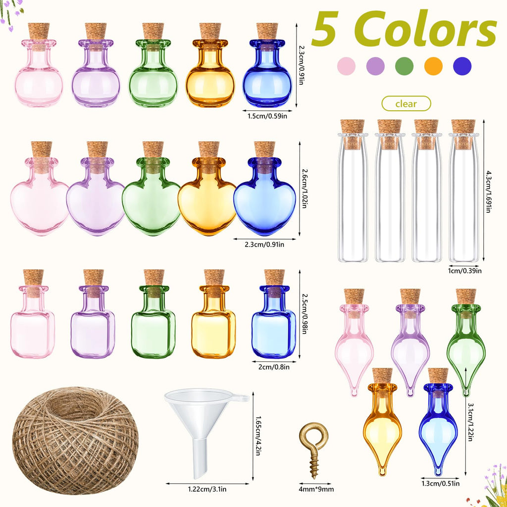 Geiserailie 50 Pieces Small Tiny Glass Spell Jars Bottle with Cork Stopper Witchy Gifts Witchcraft Supplies Wishing Bottles with Eye Screws Funnel Rope for DIY Crafts(Transparent, Style A)