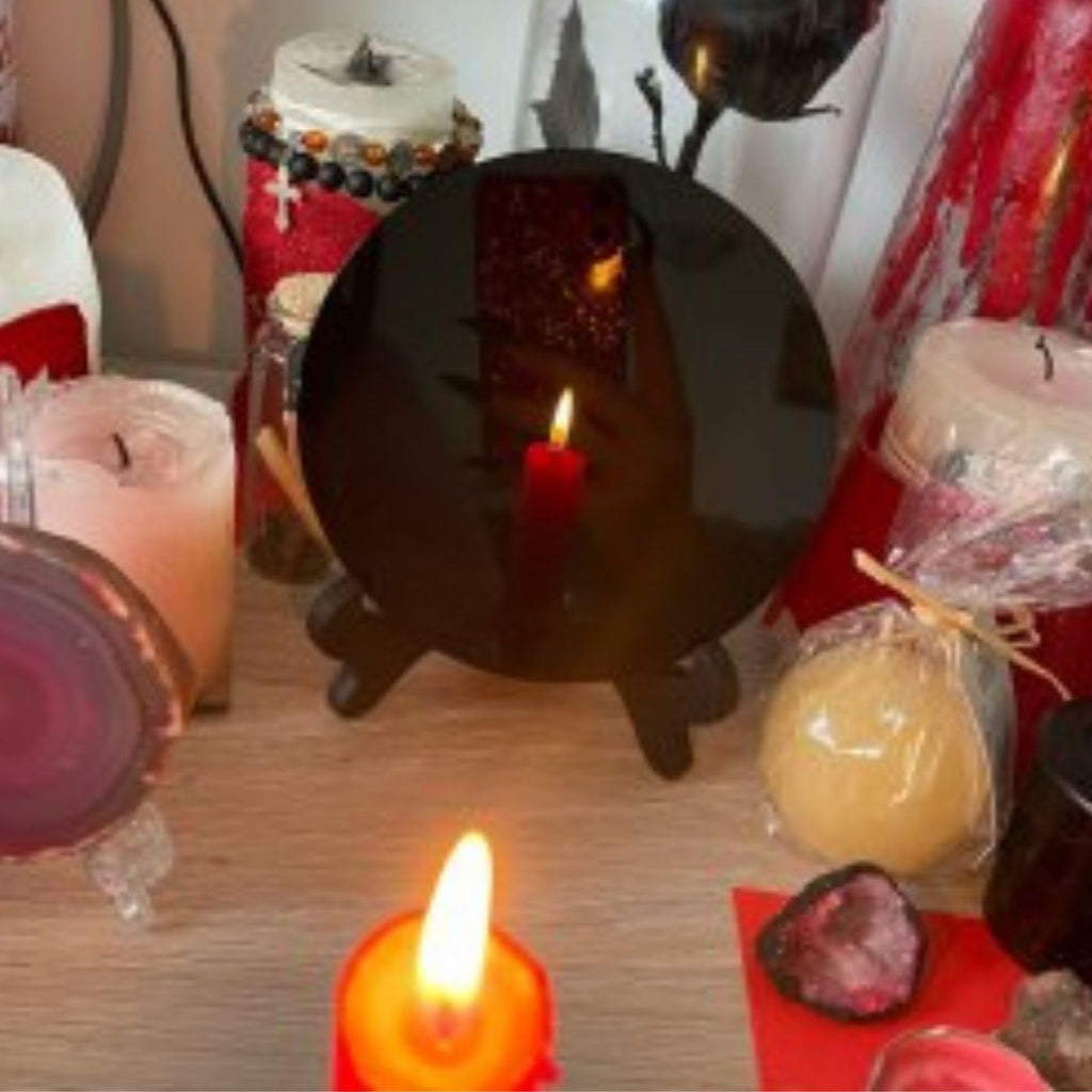 Black Obsidian Scrying Mirror 3.94 in with Wooden Stand, Premium Quality Obsidian Mirror for Meditation, Witchcraft, Divination and Spiritual Practices (100 mm)