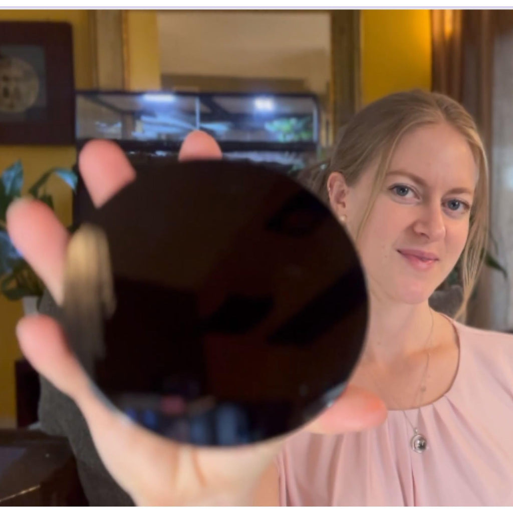 Black Obsidian Scrying Mirror 3.94 in with Wooden Stand, Premium Quality Obsidian Mirror for Meditation, Witchcraft, Divination and Spiritual Practices (100 mm)