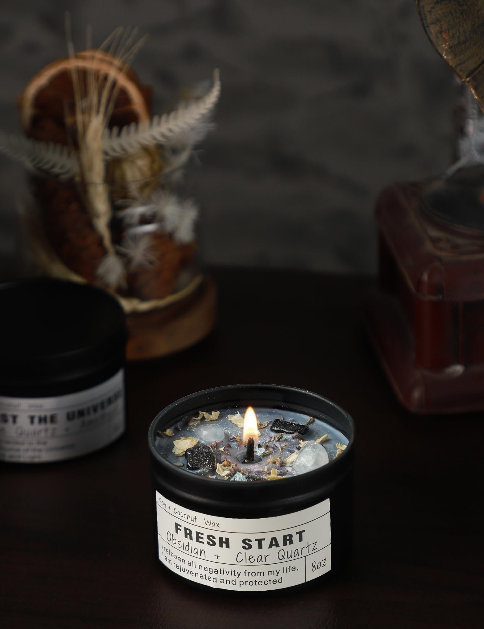 Obsidian Crystal Energy Candle, Good Aura Health Protection, Baltic Amber Chakra Magic Self-Care, Emotional Support, Encouragement and Affirmation Gift.(HEAL)