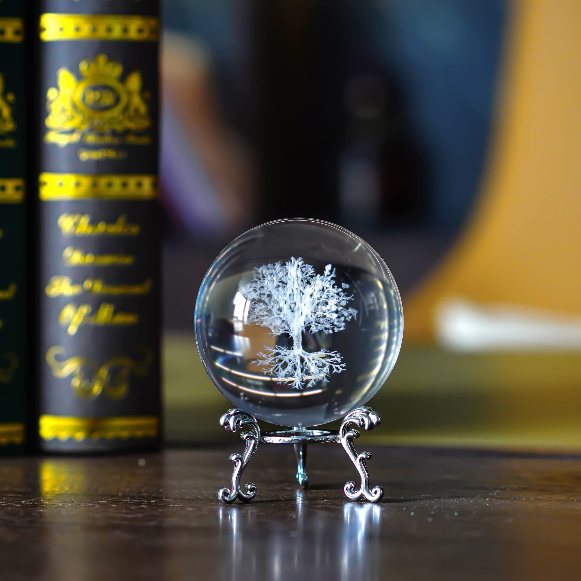 H&D HYALINE & DORA 60mm Tree of Life Crystal Ball with Stand Decorative Paperweight 3D Laser Engraved Glass Plant Life Tree Sphere Novelty Home Decor