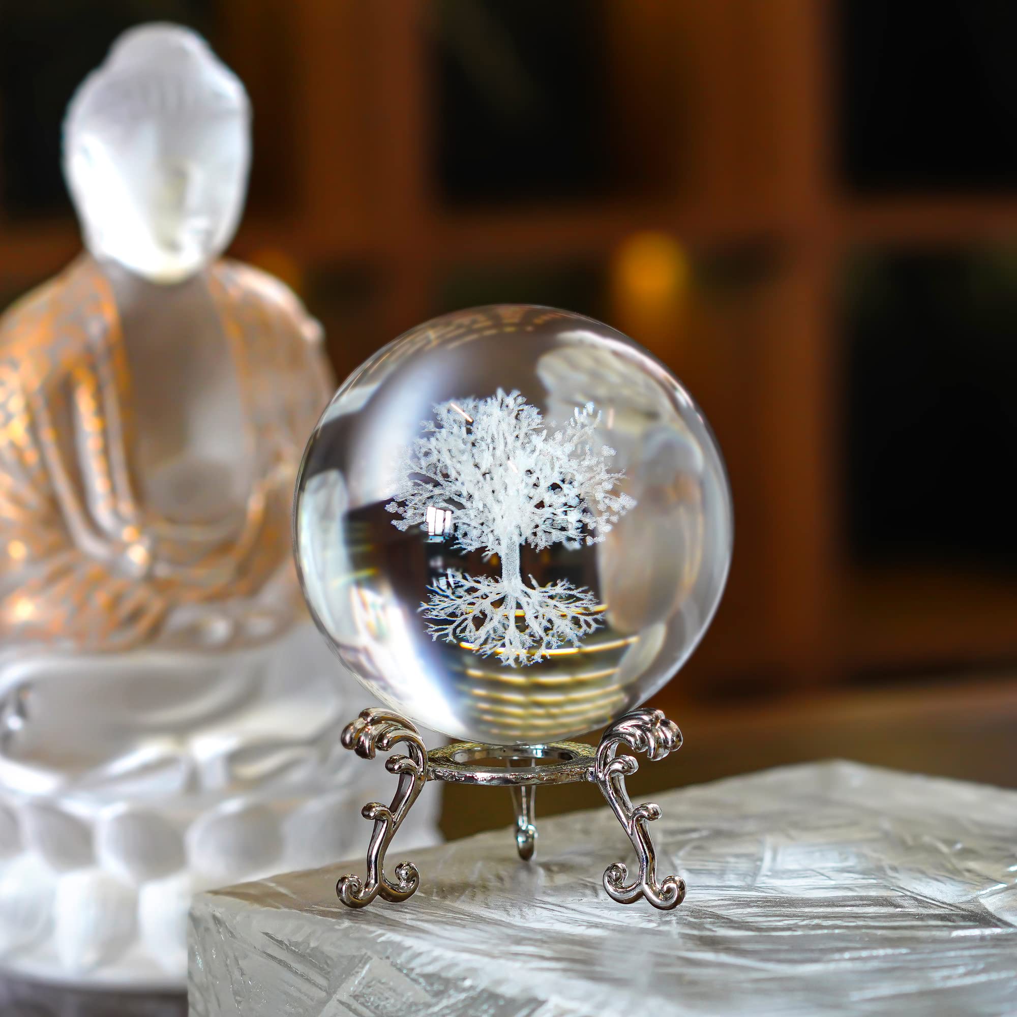H&D HYALINE & DORA 60mm Tree of Life Crystal Ball with Stand Decorative Paperweight 3D Laser Engraved Glass Plant Life Tree Sphere Novelty Home Decor