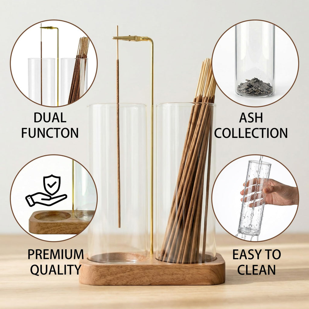 Incense Holder,Wooden Incense Holder for Sticks with 20 Incense Sticks, Anti-ash Incense Burner with Glass Ash Catcher for Meditation Yoga Spa Gift Home Decor