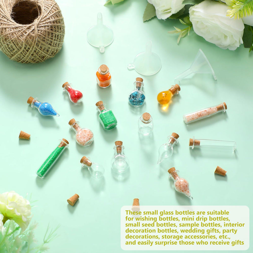 Geiserailie 50 Pieces Small Tiny Glass Spell Jars Bottle with Cork Stopper Witchy Gifts Witchcraft Supplies Wishing Bottles with Eye Screws Funnel Rope for DIY Crafts(Transparent, Style A)
