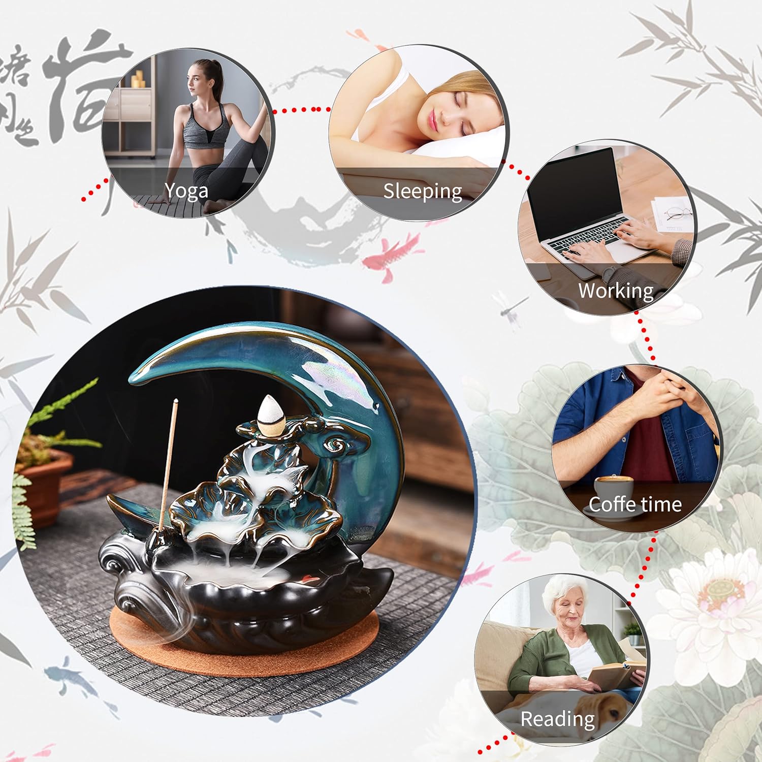 New Moon Backflow Incense Holder, Ceramic Hand-Made Incense Fountain Burner with 100 Backflow Incense Cones，Fragrance Incense Stick，Mat，Aromatherapy Home Decoration