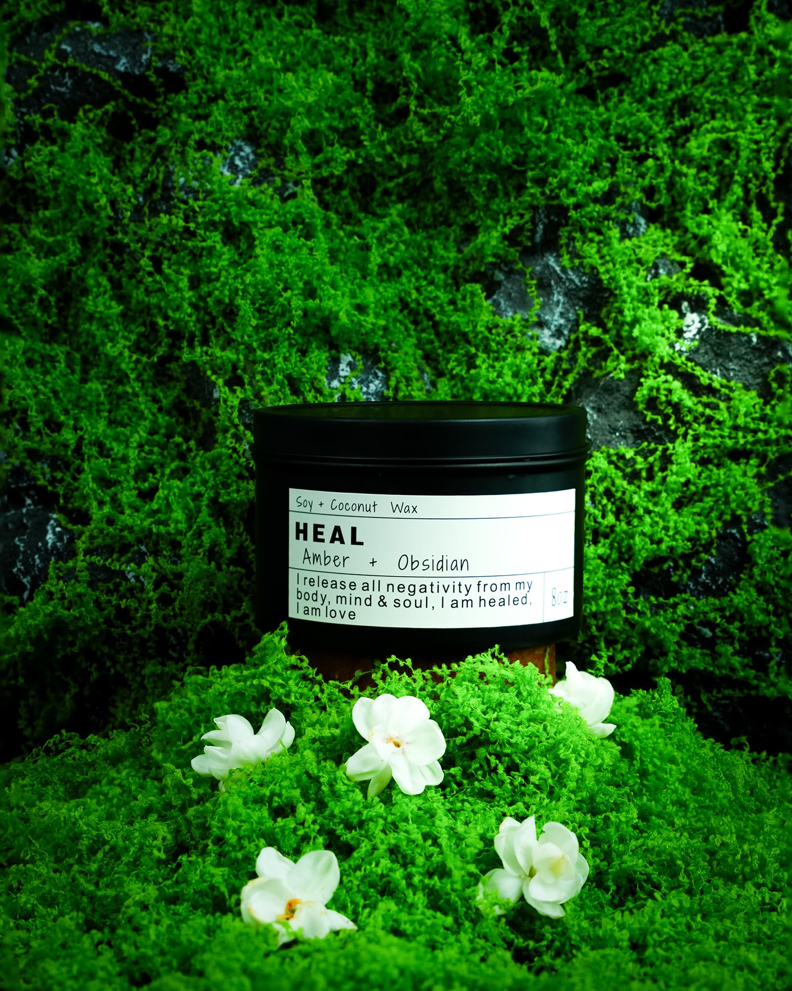 Obsidian Crystal Energy Candle, Good Aura Health Protection, Baltic Amber Chakra Magic Self-Care, Emotional Support, Encouragement and Affirmation Gift.(HEAL)