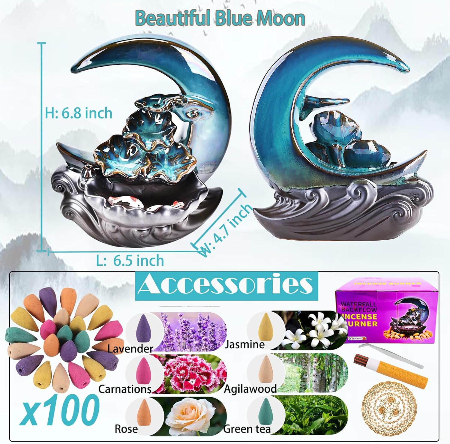 New Moon Backflow Incense Holder, Ceramic Hand-Made Incense Fountain Burner with 100 Backflow Incense Cones，Fragrance Incense Stick，Mat，Aromatherapy Home Decoration