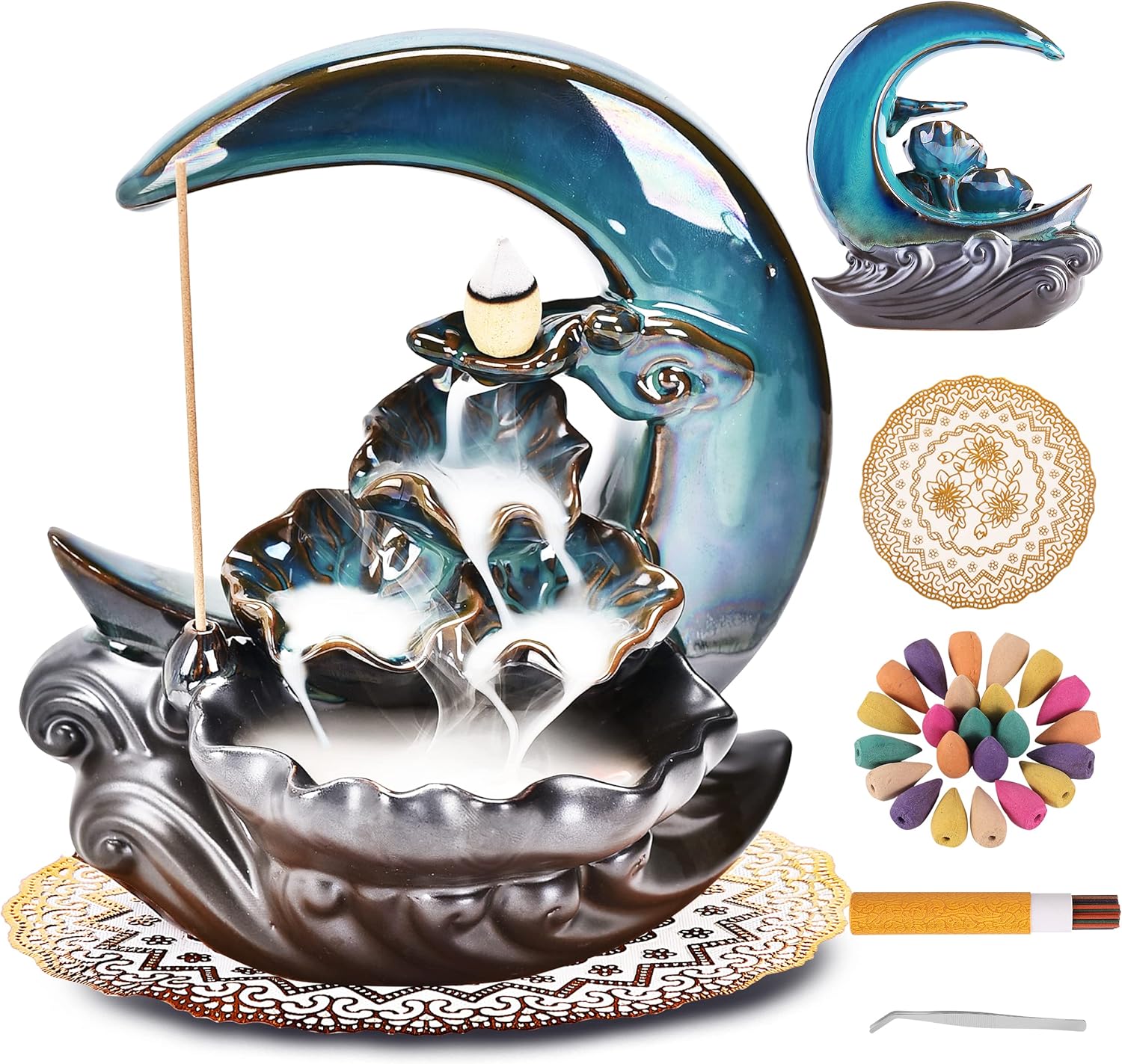 New Moon Backflow Incense Holder, Ceramic Hand-Made Incense Fountain Burner with 100 Backflow Incense Cones，Fragrance Incense Stick，Mat，Aromatherapy Home Decoration