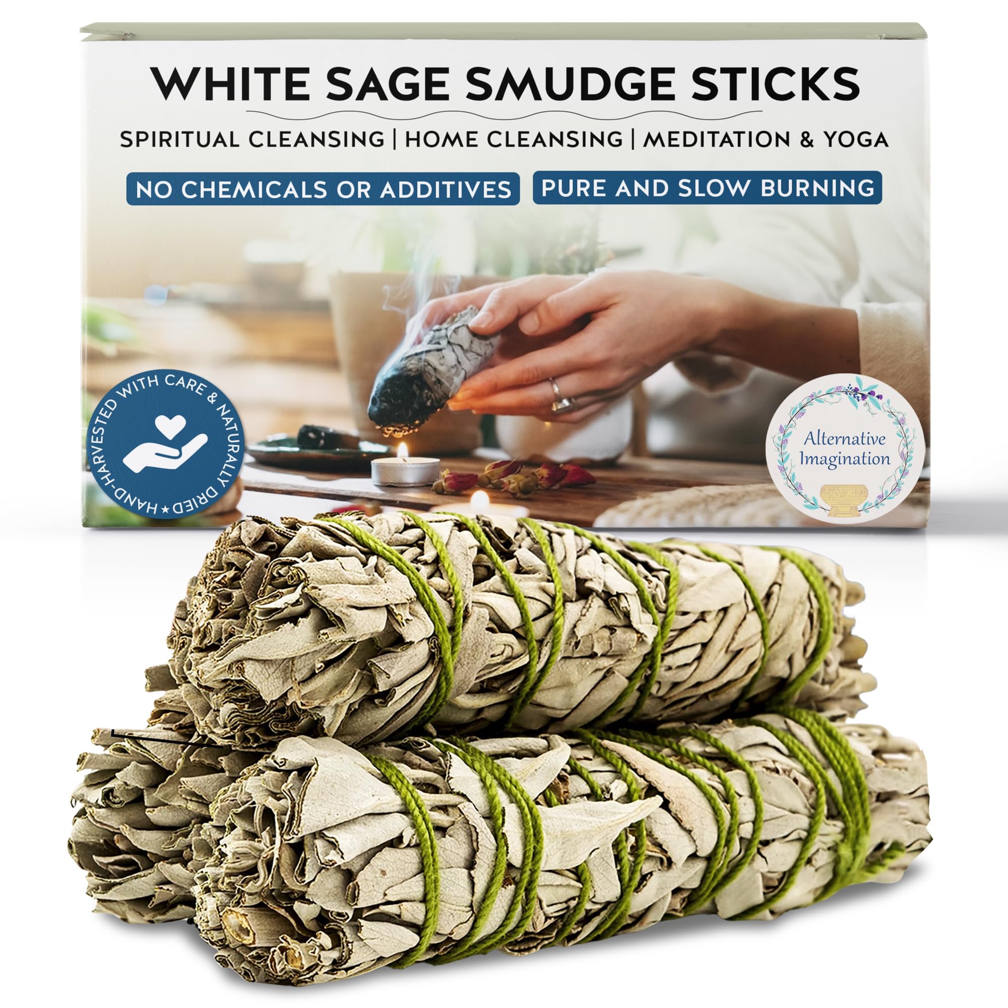 Alternative Imagination White Sage Smudge Stick Set – 3 - Pack of 4 - Inch Bundles for Home Cleansing, Meditation Rituals, Energy Clearing, Witchcraft Tools, Spiritual Gifts, Yoga, Altar, and Smudging - Velora