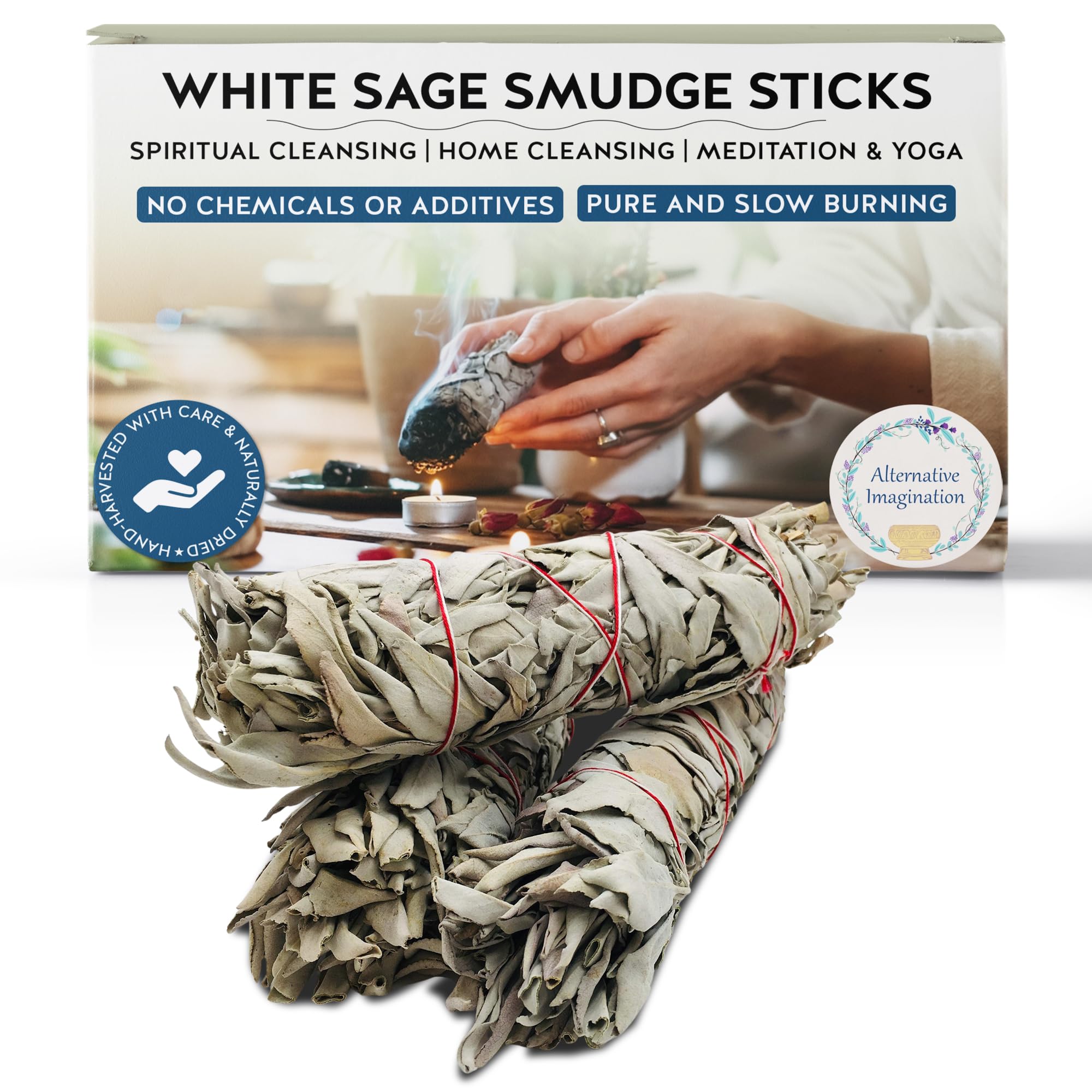 Alternative Imagination White Sage Smudge Stick Set – 3 - Pack of 4 - Inch Bundles for Home Cleansing, Meditation Rituals, Energy Clearing, Witchcraft Tools, Spiritual Gifts, Yoga, Altar, and Smudging - Velora