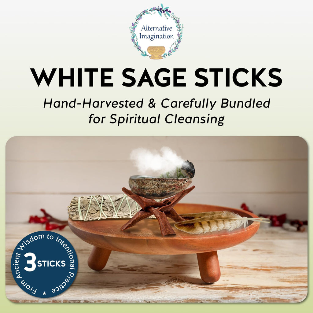 Alternative Imagination White Sage Smudge Stick Set – 3-Pack of 4-Inch Bundles for Home Cleansing, Meditation Rituals, Energy Clearing, Witchcraft Tools, Spiritual Gifts, Yoga, Altar, and Smudging - Velora