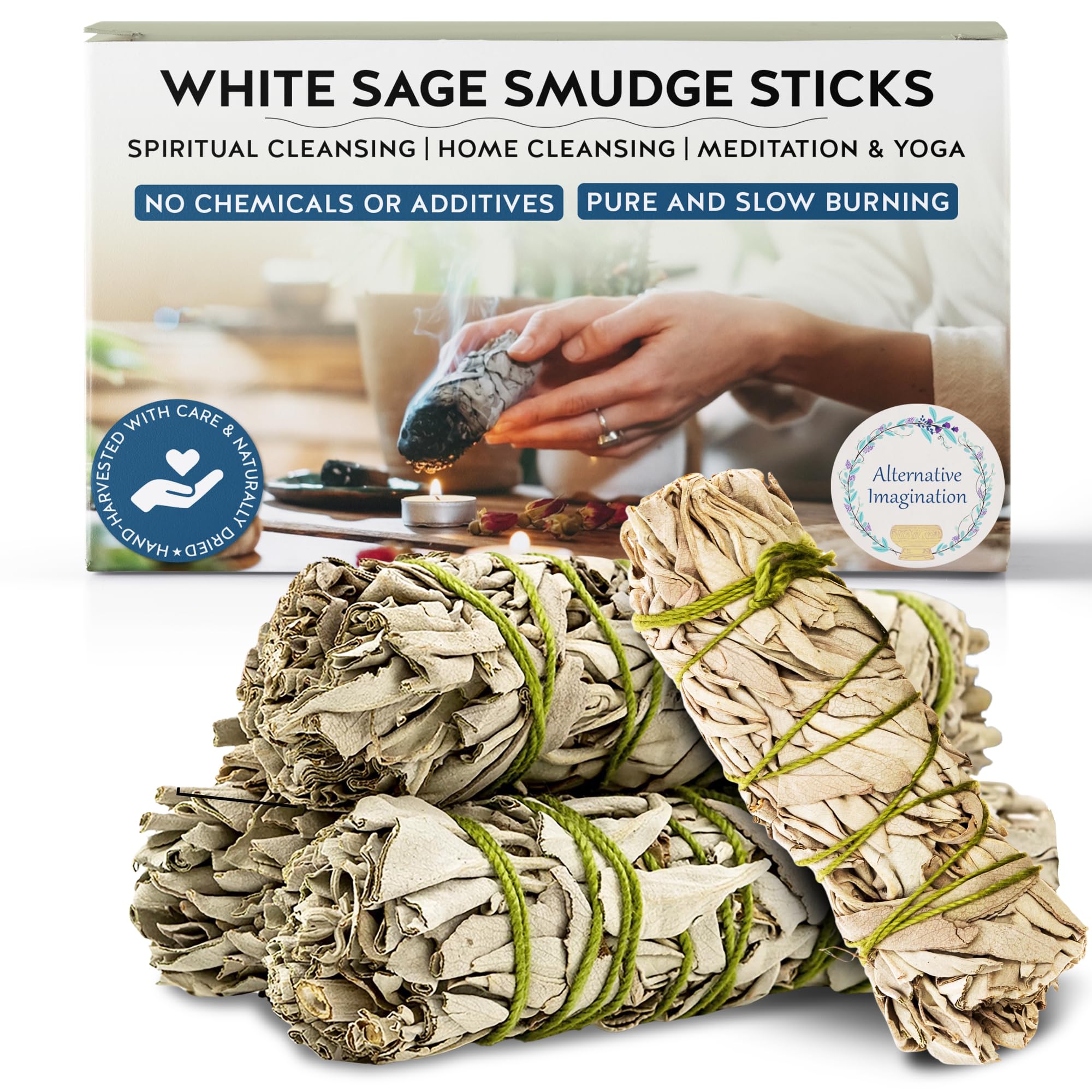 Alternative Imagination White Sage Smudge Stick Set – 3 - Pack of 4 - Inch Bundles for Home Cleansing, Meditation Rituals, Energy Clearing, Witchcraft Tools, Spiritual Gifts, Yoga, Altar, and Smudging - Velora