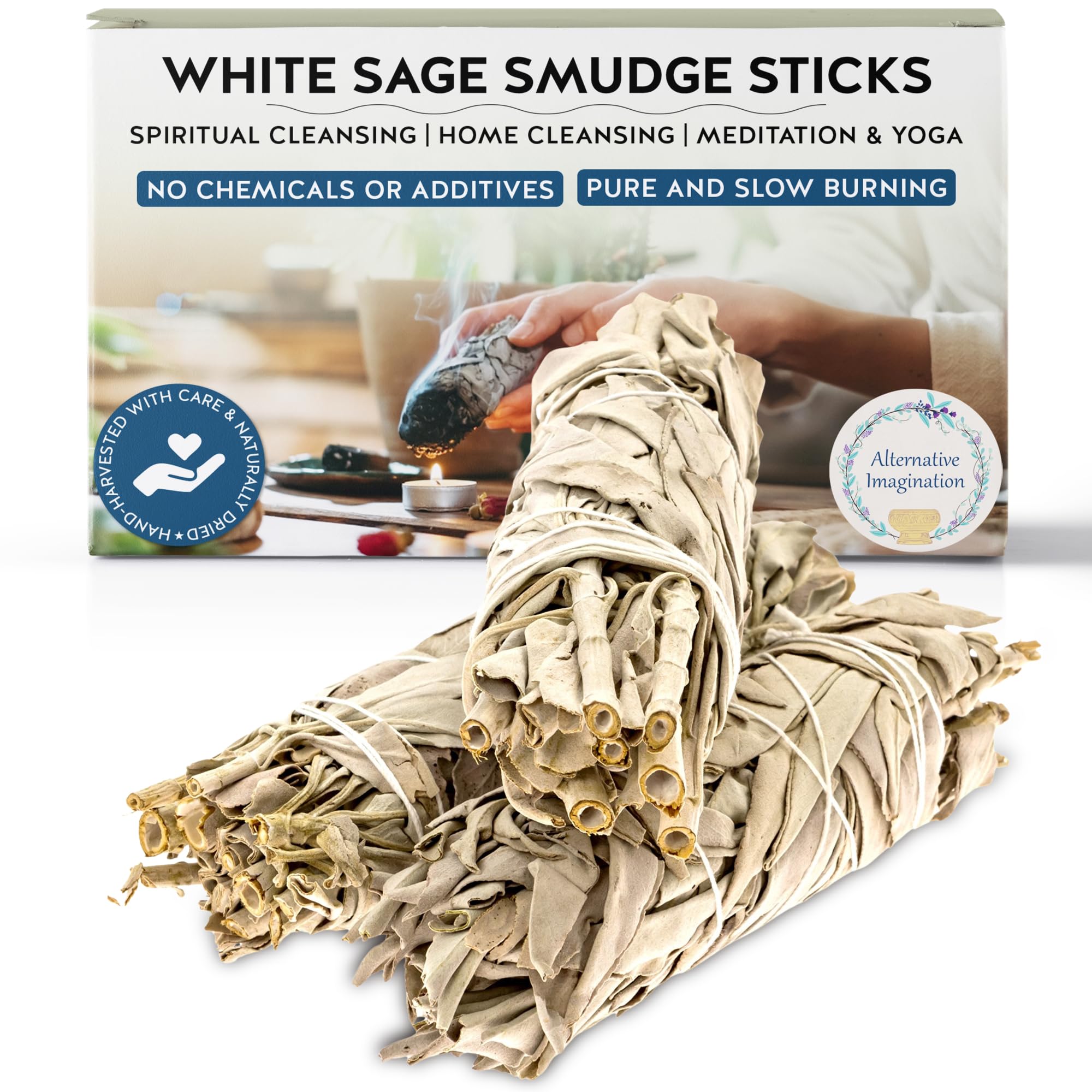 Alternative Imagination White Sage Smudge Stick Set – 3 - Pack of 4 - Inch Bundles for Home Cleansing, Meditation Rituals, Energy Clearing, Witchcraft Tools, Spiritual Gifts, Yoga, Altar, and Smudging - Velora