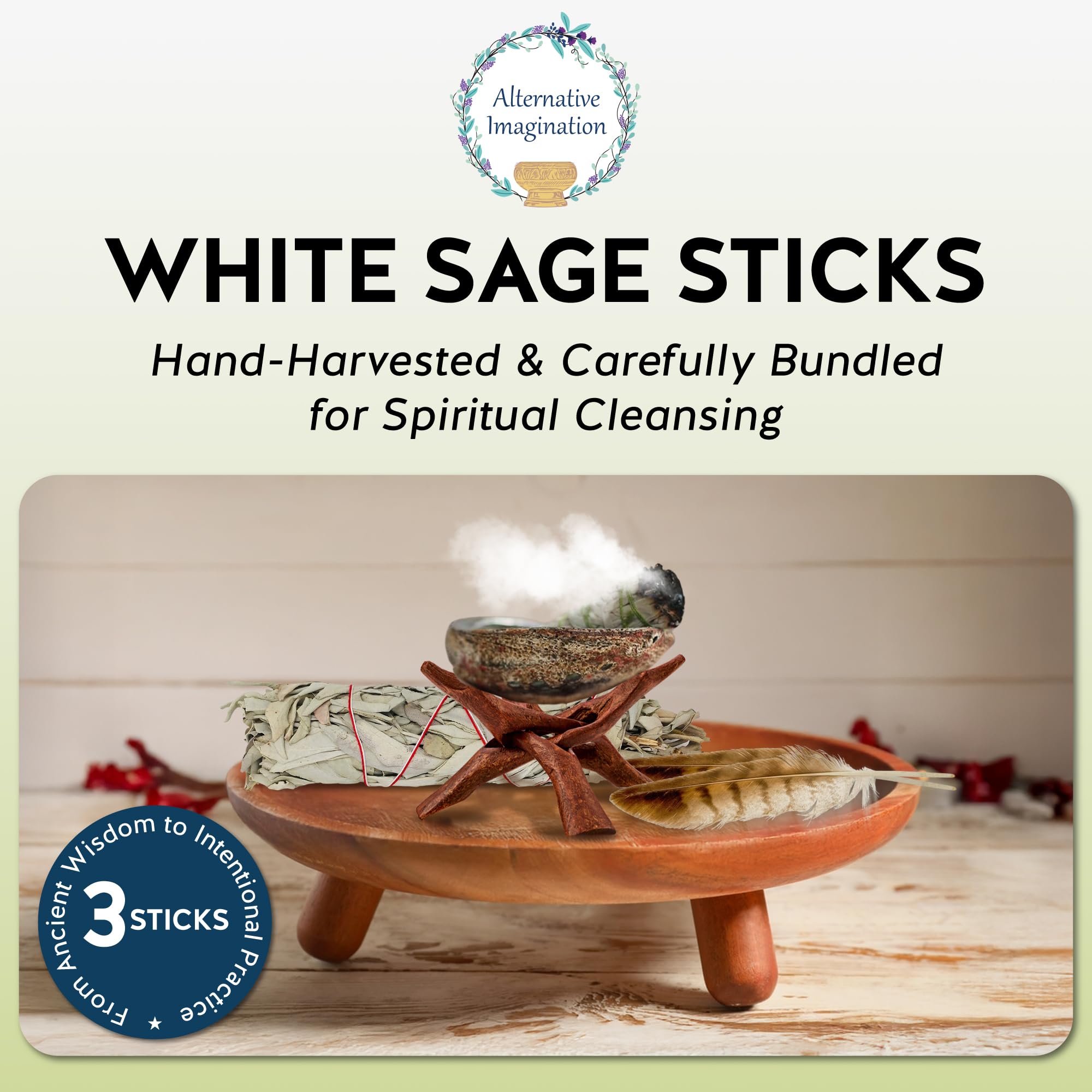 Alternative Imagination White Sage Smudge Stick Set – 3-Pack of 4-Inch Bundles for Home Cleansing, Meditation Rituals, Energy Clearing, Witchcraft Tools, Spiritual Gifts, Yoga, Altar, and Smudging - Velora