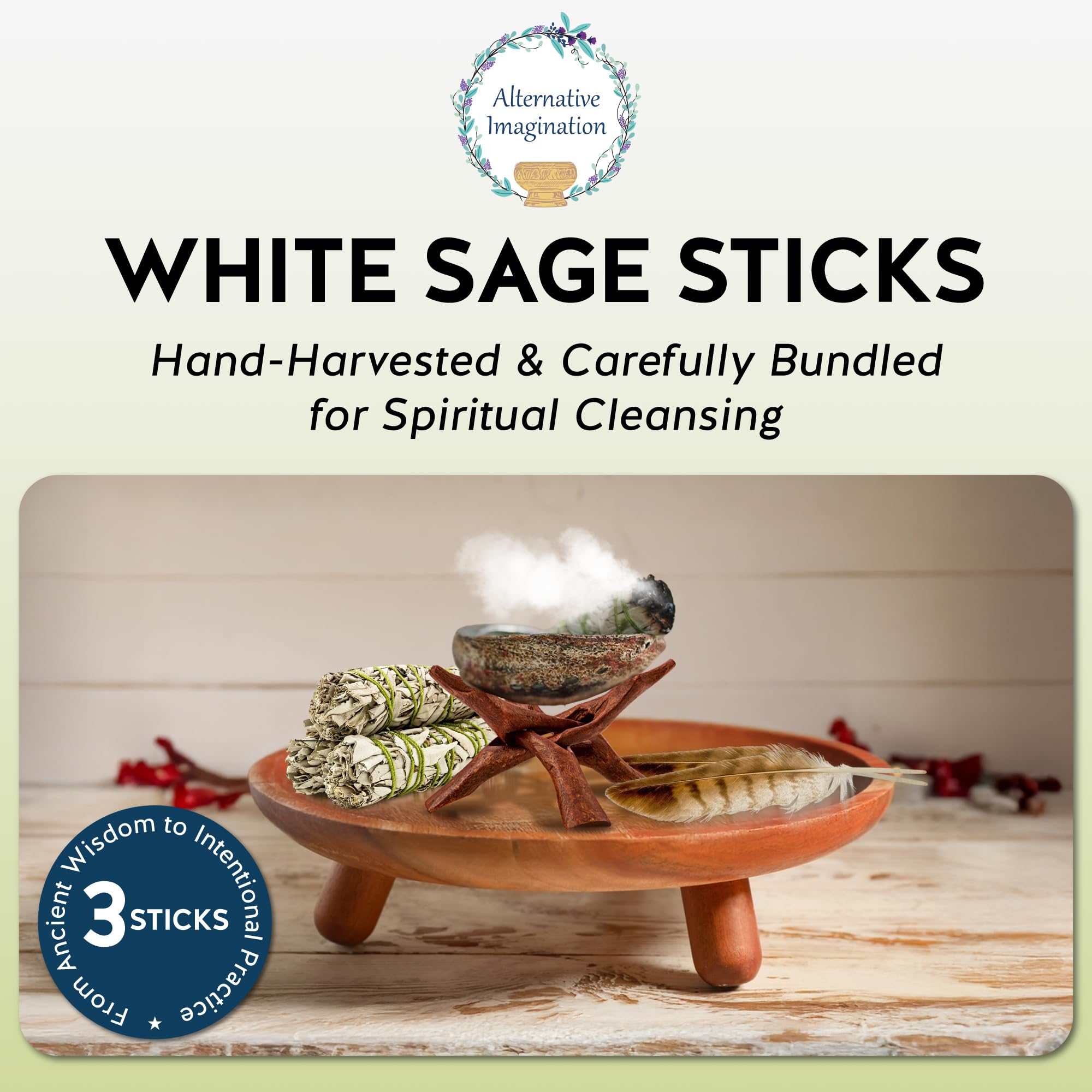 Alternative Imagination White Sage Smudge Stick Set – 3-Pack of 4-Inch Bundles for Home Cleansing, Meditation Rituals, Energy Clearing, Witchcraft Tools, Spiritual Gifts, Yoga, Altar, and Smudging - Velora