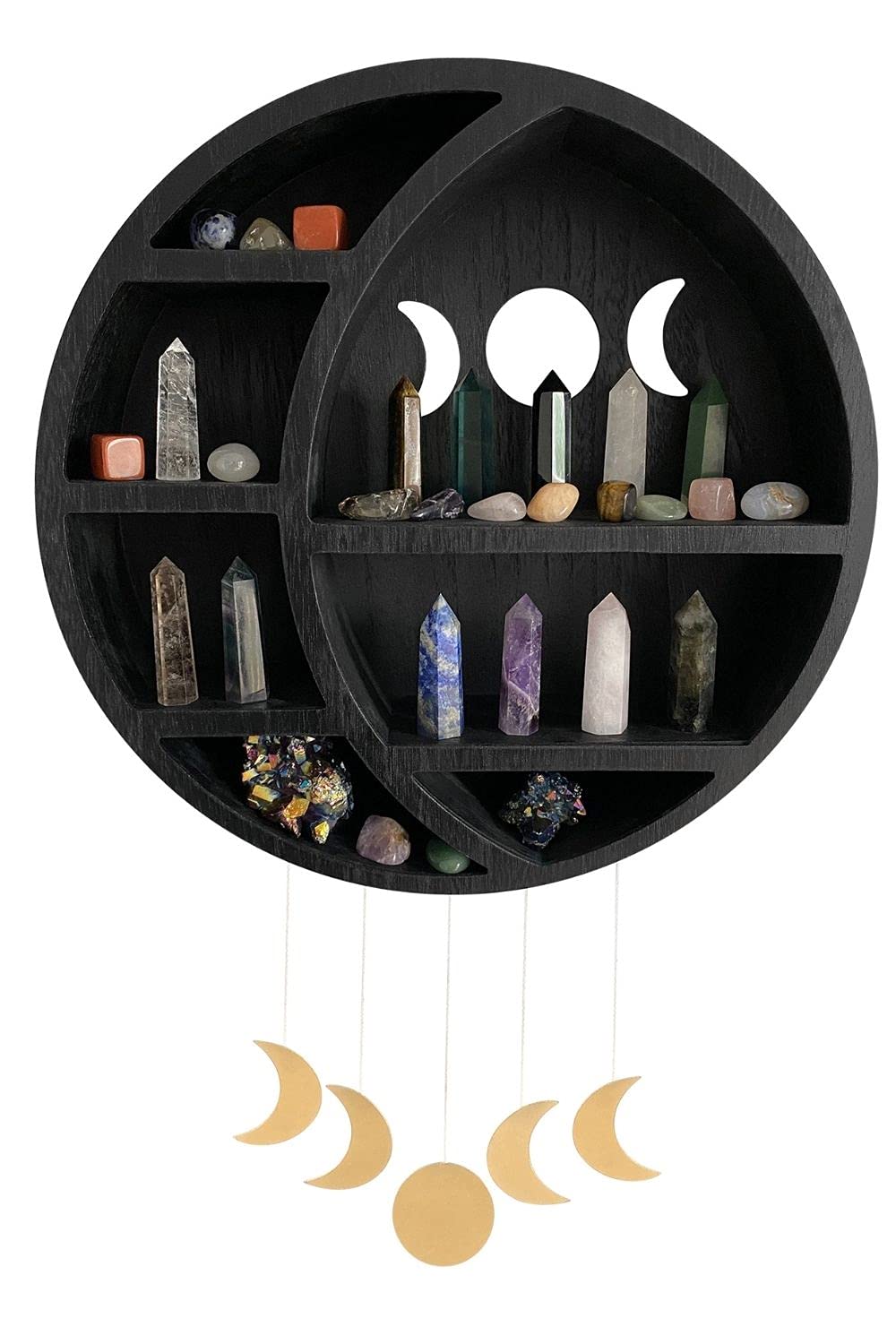 Ella & Emma Wooden Moon Shelf for Crystals - Crescent Moon Crystal Shelf, Storage & Wall Hanging Shelves for Bedroom Aesthetic, Moon Phase Wall Decor & Crystal Display Shelf, Pinewood, Black - Velora