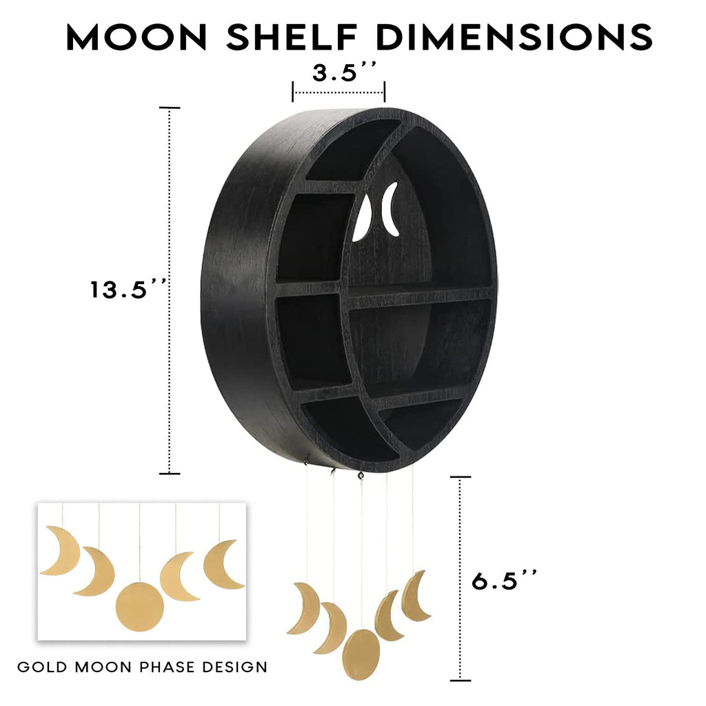Ella & Emma Wooden Moon Shelf for Crystals - Crescent Moon Crystal Shelf, Storage & Wall Hanging Shelves for Bedroom Aesthetic, Moon Phase Wall Decor & Crystal Display Shelf, Pinewood, Black - Velora