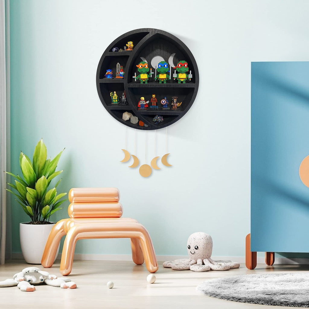 Ella & Emma Wooden Moon Shelf for Crystals - Crescent Moon Crystal Shelf, Storage & Wall Hanging Shelves for Bedroom Aesthetic, Moon Phase Wall Decor & Crystal Display Shelf, Pinewood, Black - Velora