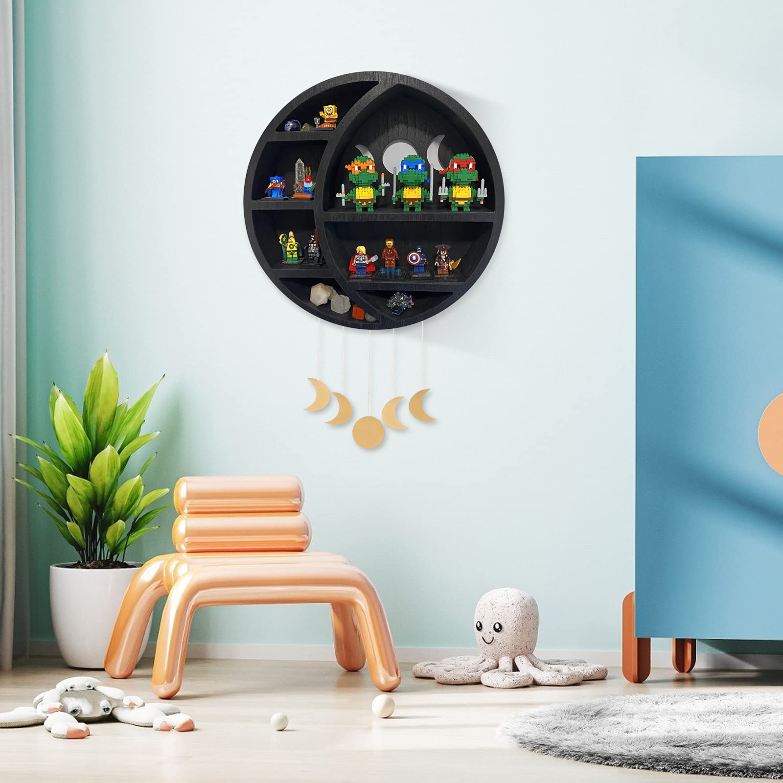 Ella & Emma Wooden Moon Shelf for Crystals - Crescent Moon Crystal Shelf, Storage & Wall Hanging Shelves for Bedroom Aesthetic, Moon Phase Wall Decor & Crystal Display Shelf, Pinewood, Black - Velora