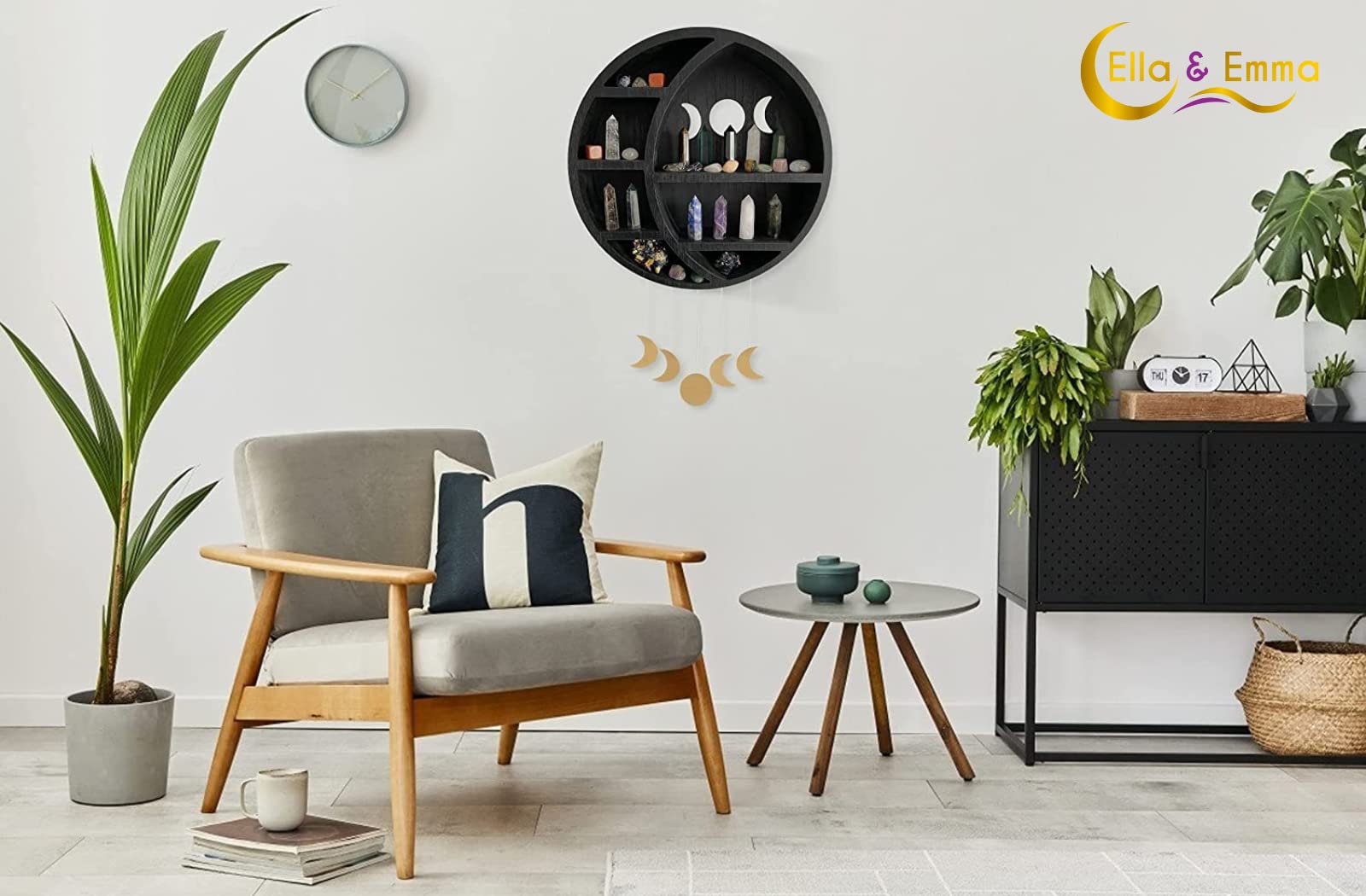 Ella & Emma Wooden Moon Shelf for Crystals - Crescent Moon Crystal Shelf, Storage & Wall Hanging Shelves for Bedroom Aesthetic, Moon Phase Wall Decor & Crystal Display Shelf, Pinewood, Black - Velora