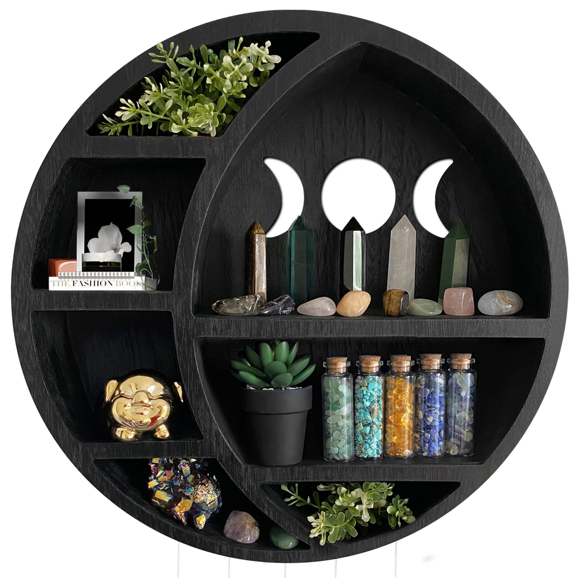 Ella & Emma Wooden Moon Shelf for Crystals - Crescent Moon Crystal Shelf, Storage & Wall Hanging Shelves for Bedroom Aesthetic, Moon Phase Wall Decor & Crystal Display Shelf, Pinewood, Black - Velora