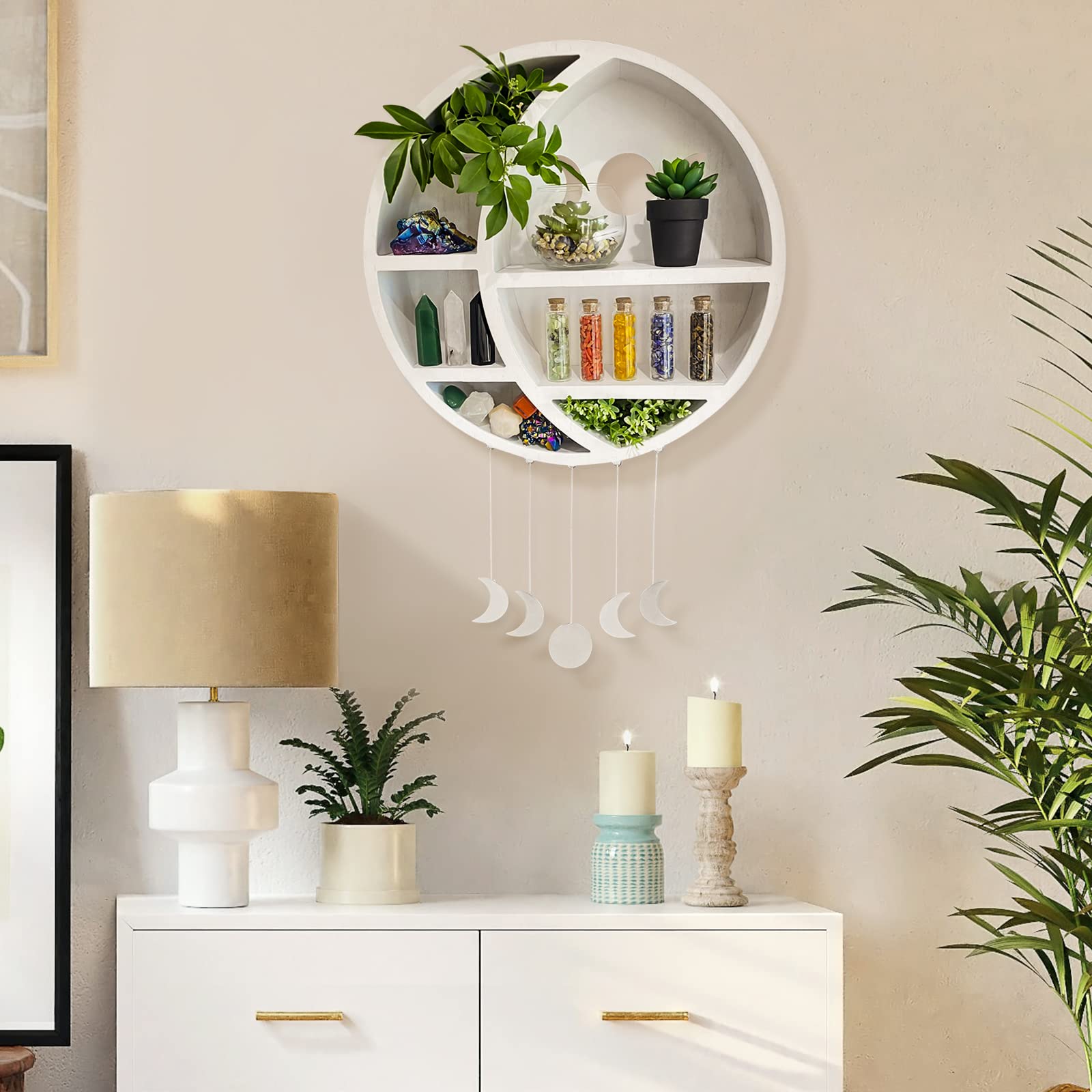 Ella & Emma Wooden Moon Shelf for Crystals - Crescent Moon Crystal Shelf, Storage & Wall Hanging Shelves for Bedroom Aesthetic, Moon Phase Wall Decor & Crystal Display Shelf, Pinewood, Black - Velora