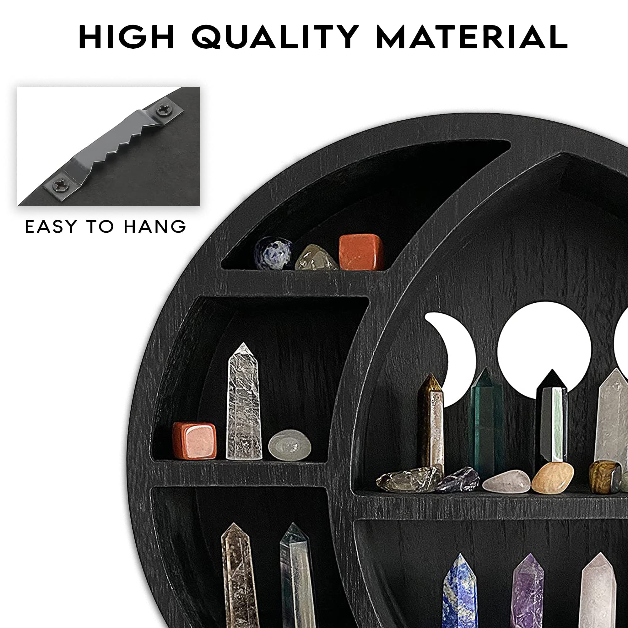 Ella & Emma Wooden Moon Shelf for Crystals - Crescent Moon Crystal Shelf, Storage & Wall Hanging Shelves for Bedroom Aesthetic, Moon Phase Wall Decor & Crystal Display Shelf, Pinewood, Black - Velora