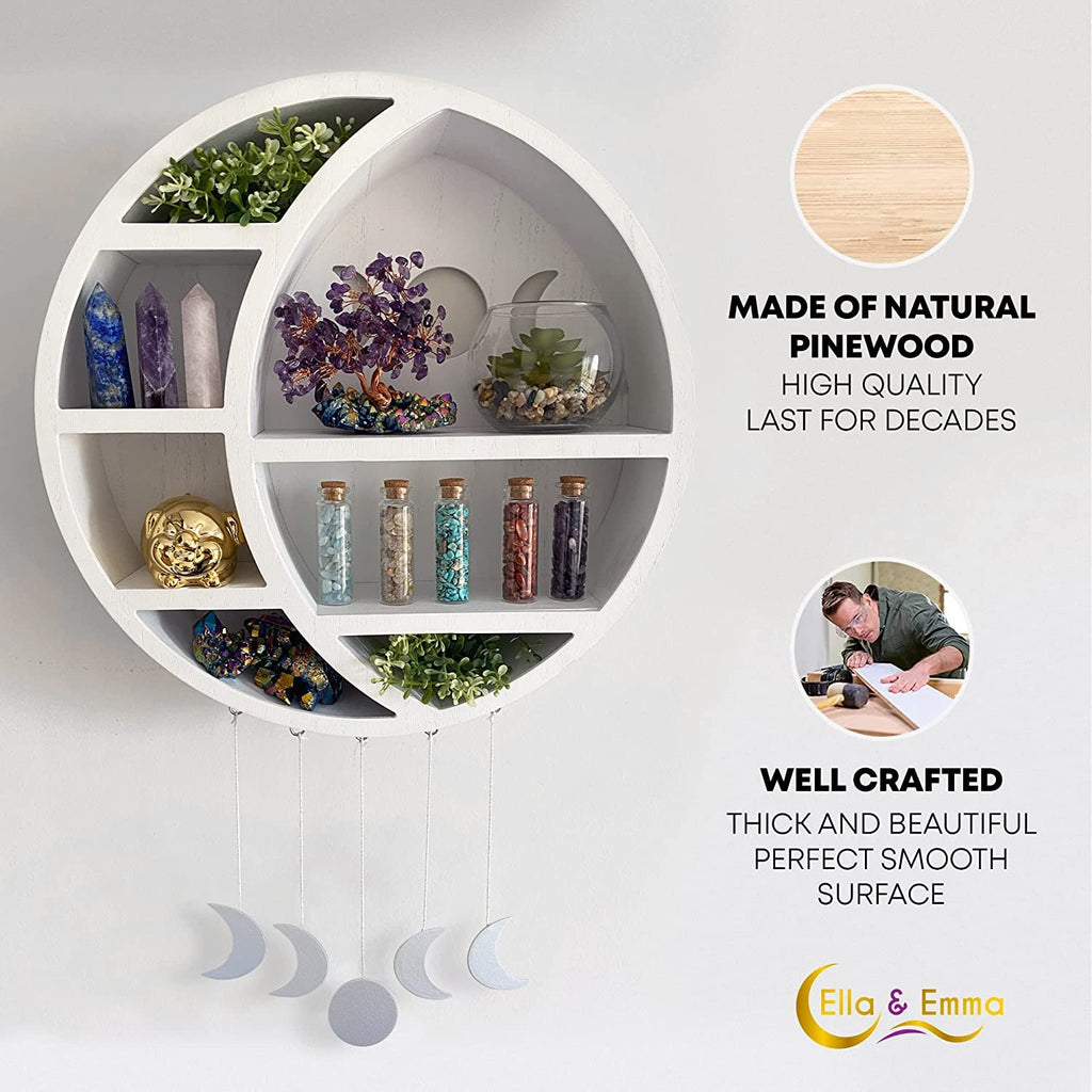 Ella & Emma Wooden Moon Shelf for Crystals - Crescent Moon Crystal Shelf, Storage & Wall Hanging Shelves for Bedroom Aesthetic, Moon Phase Wall Decor & Crystal Display Shelf, Pinewood, Black - Velora