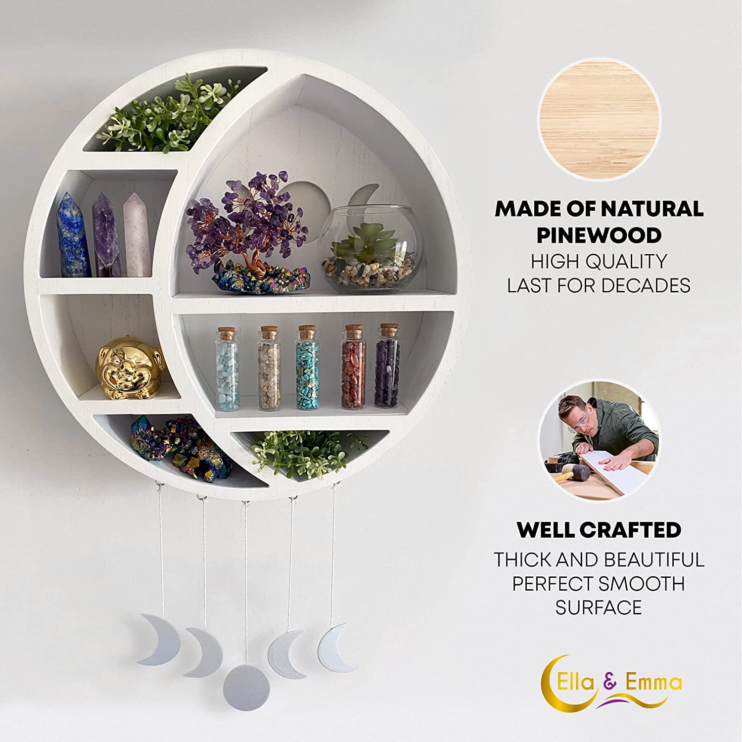 Ella & Emma Wooden Moon Shelf for Crystals - Crescent Moon Crystal Shelf, Storage & Wall Hanging Shelves for Bedroom Aesthetic, Moon Phase Wall Decor & Crystal Display Shelf, Pinewood, Black - Velora