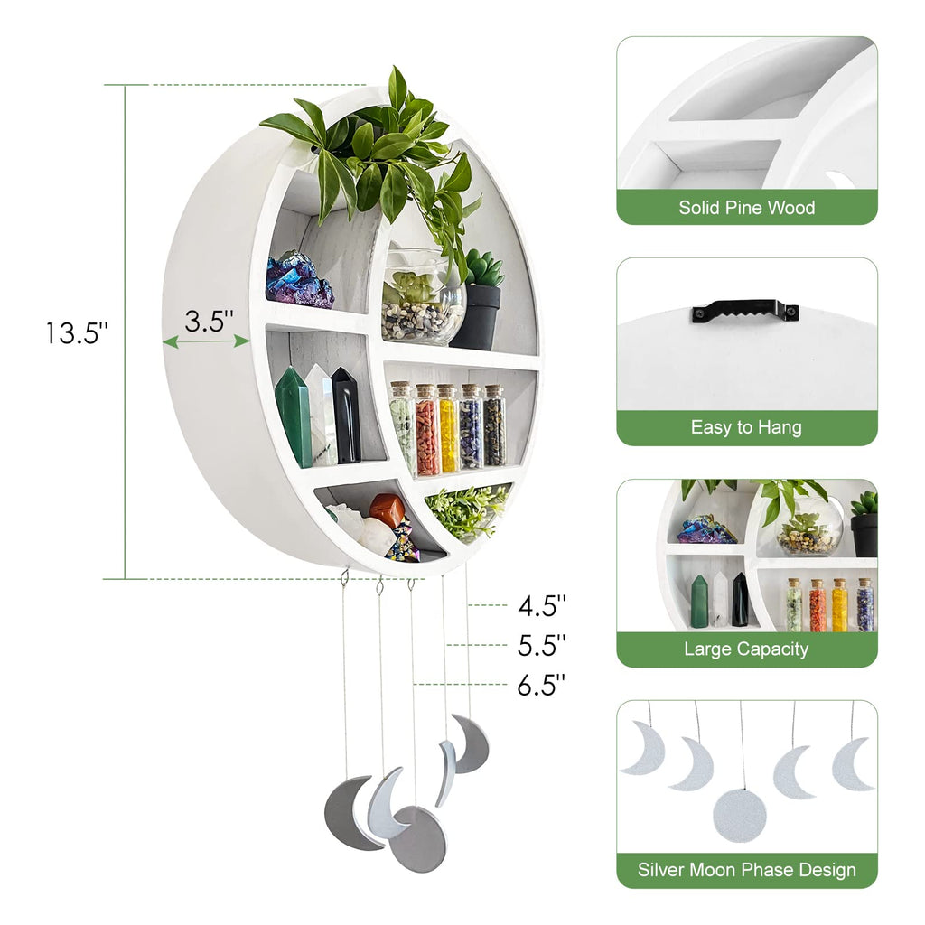 Ella & Emma Wooden Moon Shelf for Crystals - Crescent Moon Crystal Shelf, Storage & Wall Hanging Shelves for Bedroom Aesthetic, Moon Phase Wall Decor & Crystal Display Shelf, Pinewood, Black - Velora