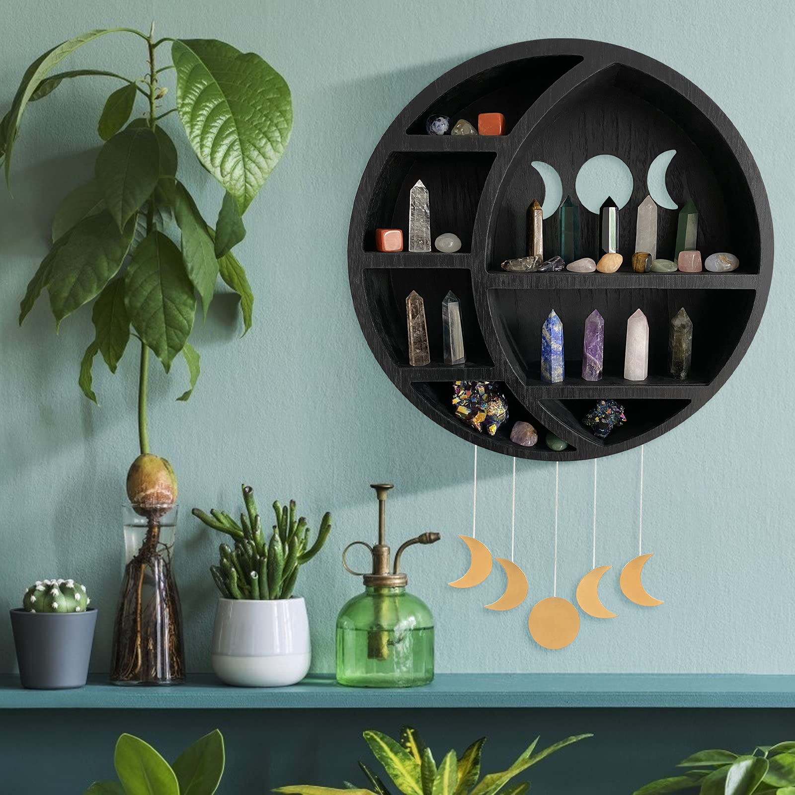Ella & Emma Wooden Moon Shelf for Crystals - Crescent Moon Crystal Shelf, Storage & Wall Hanging Shelves for Bedroom Aesthetic, Moon Phase Wall Decor & Crystal Display Shelf, Pinewood, Black - Velora