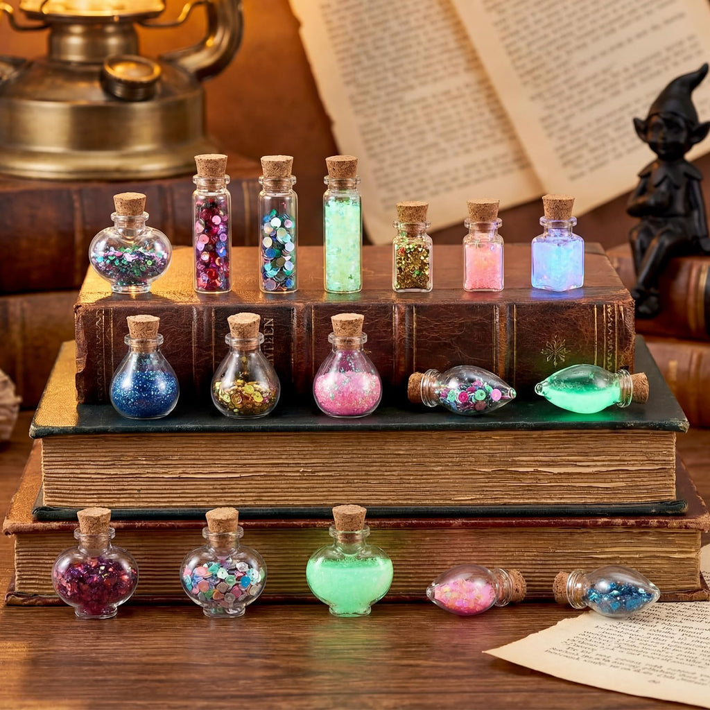 Geiserailie 50 Pieces Small Tiny Glass Spell Jars Bottle with Cork Stopper Witchy Gifts Witchcraft Supplies Wishing Bottles with Eye Screws Funnel Rope for DIY Crafts(Transparent, Style A) - Velora
