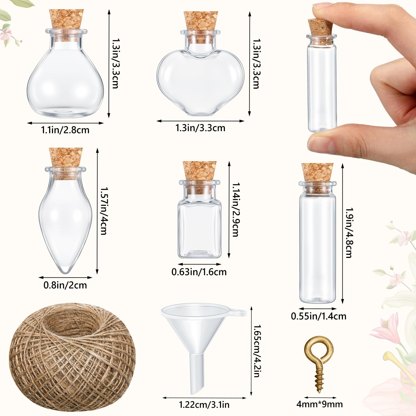 Geiserailie 50 Pieces Small Tiny Glass Spell Jars Bottle with Cork Stopper Witchy Gifts Witchcraft Supplies Wishing Bottles with Eye Screws Funnel Rope for DIY Crafts(Transparent, Style A) - Velora