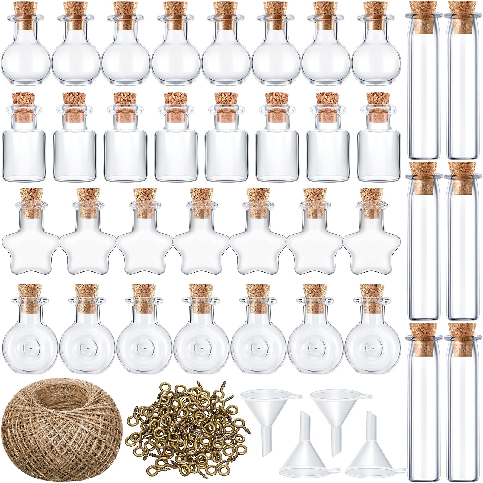 Geiserailie 50 Pieces Small Tiny Glass Spell Jars Bottle with Cork Stopper Witchy Gifts Witchcraft Supplies Wishing Bottles with Eye Screws Funnel Rope for DIY Crafts(Transparent, Style A) - Velora