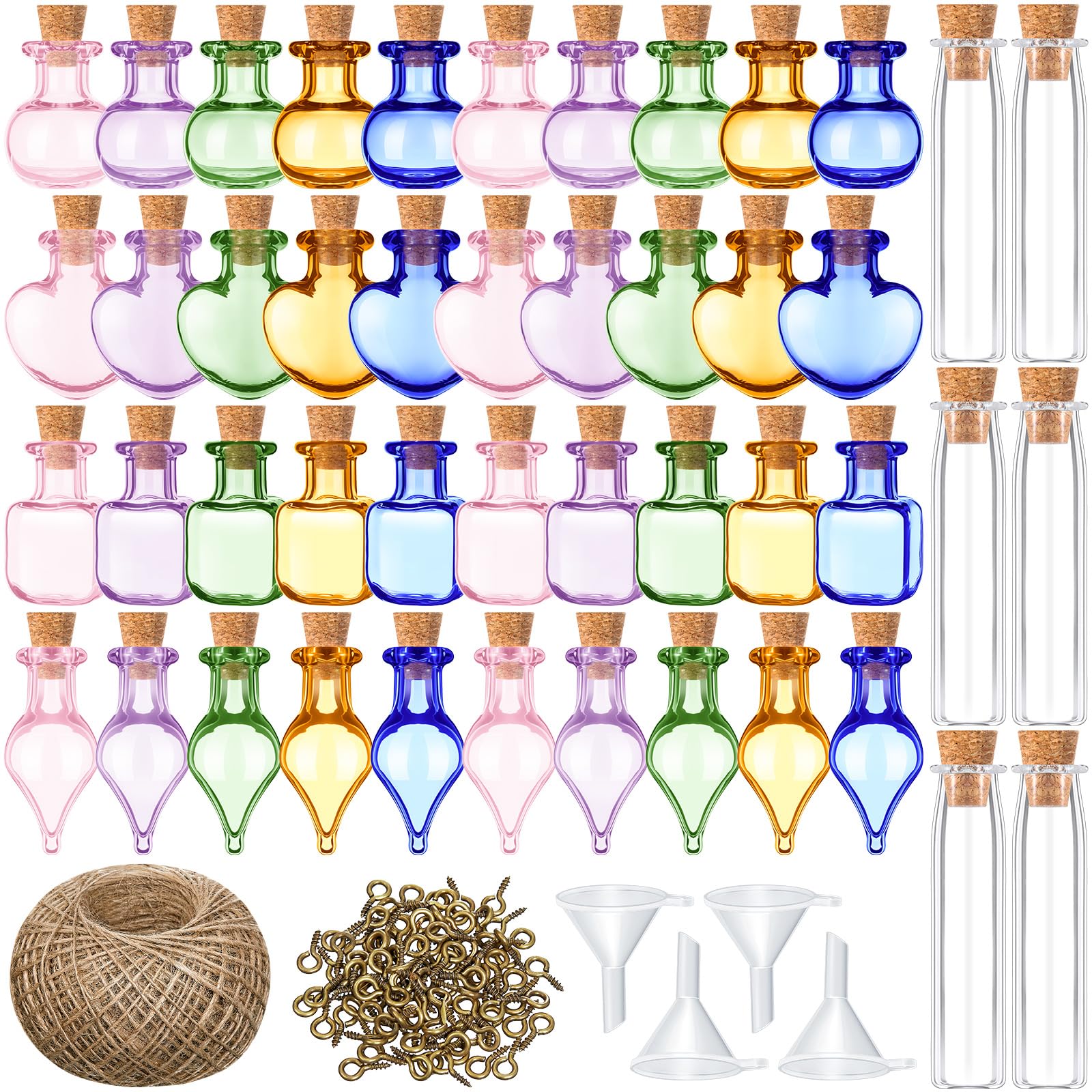 Geiserailie 50 Pieces Small Tiny Glass Spell Jars Bottle with Cork Stopper Witchy Gifts Witchcraft Supplies Wishing Bottles with Eye Screws Funnel Rope for DIY Crafts(Transparent, Style A) - Velora