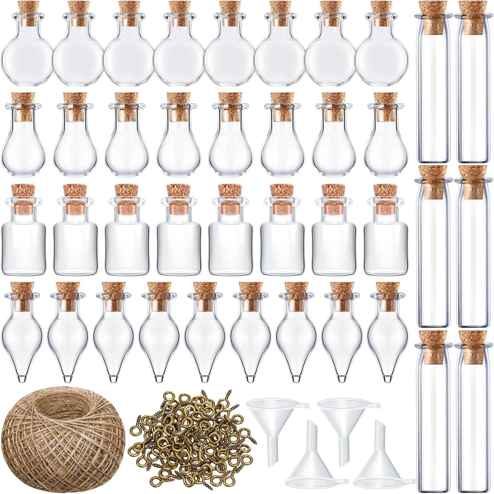Geiserailie 50 Pieces Small Tiny Glass Spell Jars Bottle with Cork Stopper Witchy Gifts Witchcraft Supplies Wishing Bottles with Eye Screws Funnel Rope for DIY Crafts(Transparent, Style A) - Velora