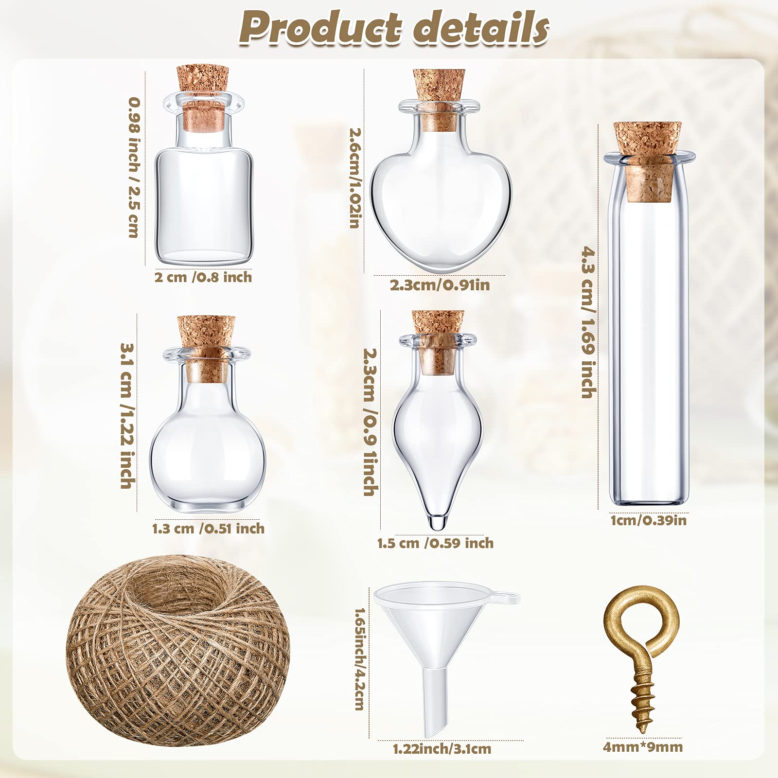 Geiserailie 50 Pieces Small Tiny Glass Spell Jars Bottle with Cork Stopper Witchy Gifts Witchcraft Supplies Wishing Bottles with Eye Screws Funnel Rope for DIY Crafts(Transparent, Style A) - Velora