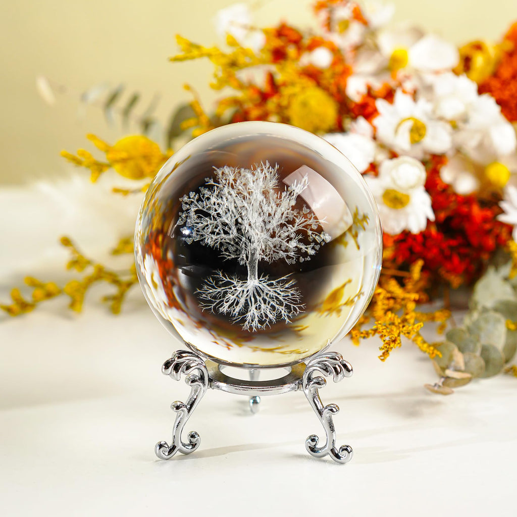 H&D HYALINE & DORA 60mm Tree of Life Crystal Ball with Stand Decorative Paperweight 3D Laser Engraved Glass Plant Life Tree Sphere Novelty Home Decor - Velora