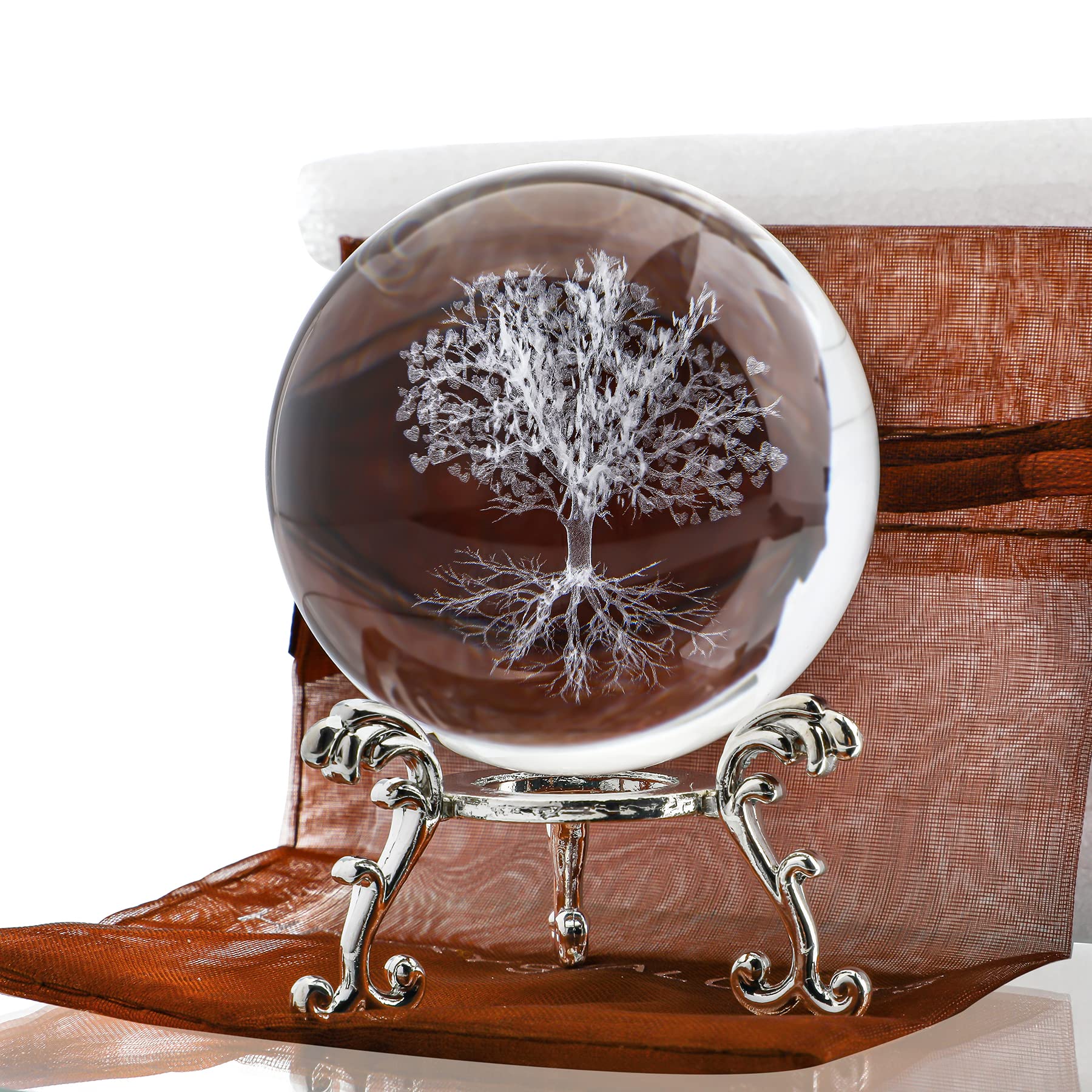 H&D HYALINE & DORA 60mm Tree of Life Crystal Ball with Stand Decorative Paperweight 3D Laser Engraved Glass Plant Life Tree Sphere Novelty Home Decor - Velora