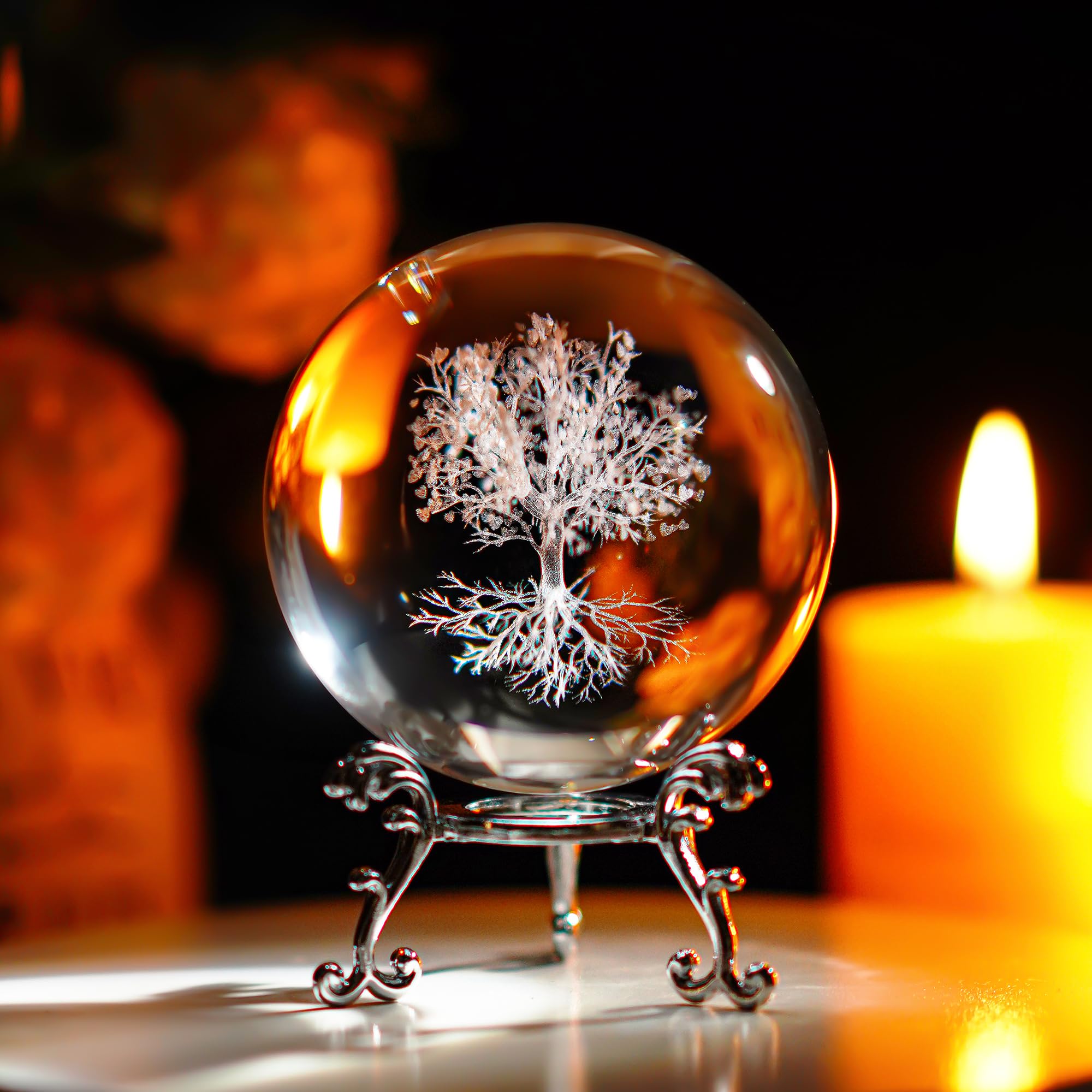 H&D HYALINE & DORA 60mm Tree of Life Crystal Ball with Stand Decorative Paperweight 3D Laser Engraved Glass Plant Life Tree Sphere Novelty Home Decor - Velora