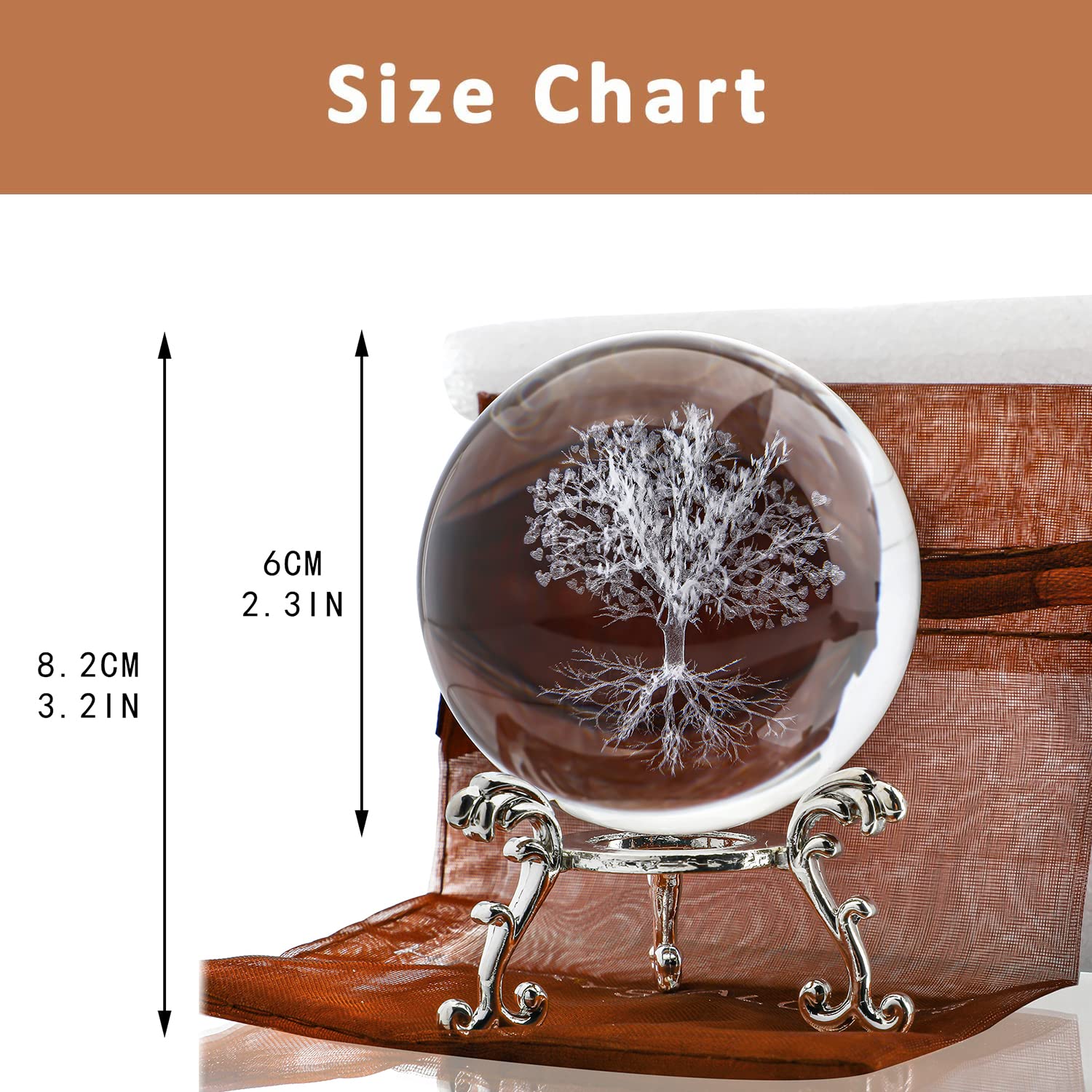 H&D HYALINE & DORA 60mm Tree of Life Crystal Ball with Stand Decorative Paperweight 3D Laser Engraved Glass Plant Life Tree Sphere Novelty Home Decor - Velora