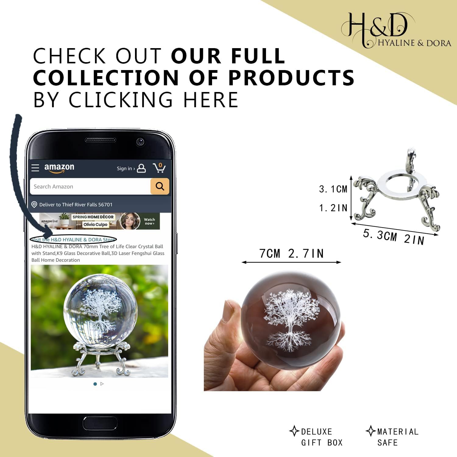 H&D HYALINE & DORA 60mm Tree of Life Crystal Ball with Stand Decorative Paperweight 3D Laser Engraved Glass Plant Life Tree Sphere Novelty Home Decor - Velora