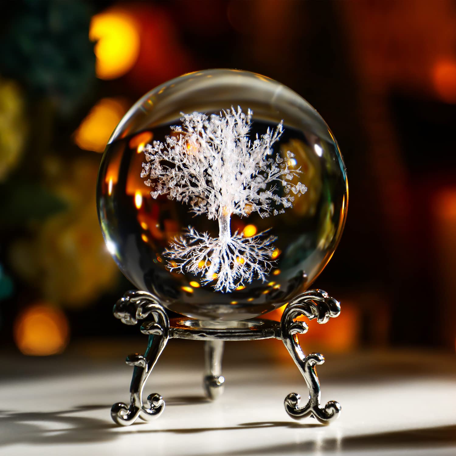 H&D HYALINE & DORA 60mm Tree of Life Crystal Ball with Stand Decorative Paperweight 3D Laser Engraved Glass Plant Life Tree Sphere Novelty Home Decor - Velora