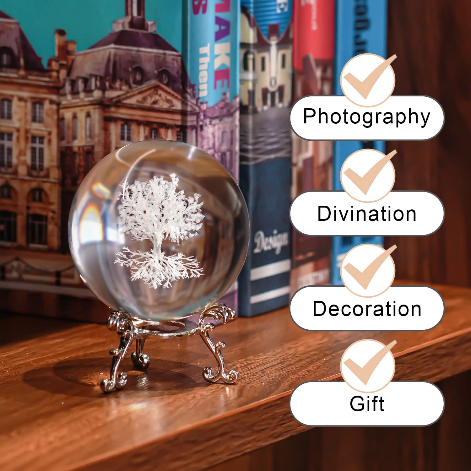 H&D HYALINE & DORA 60mm Tree of Life Crystal Ball with Stand Decorative Paperweight 3D Laser Engraved Glass Plant Life Tree Sphere Novelty Home Decor - Velora