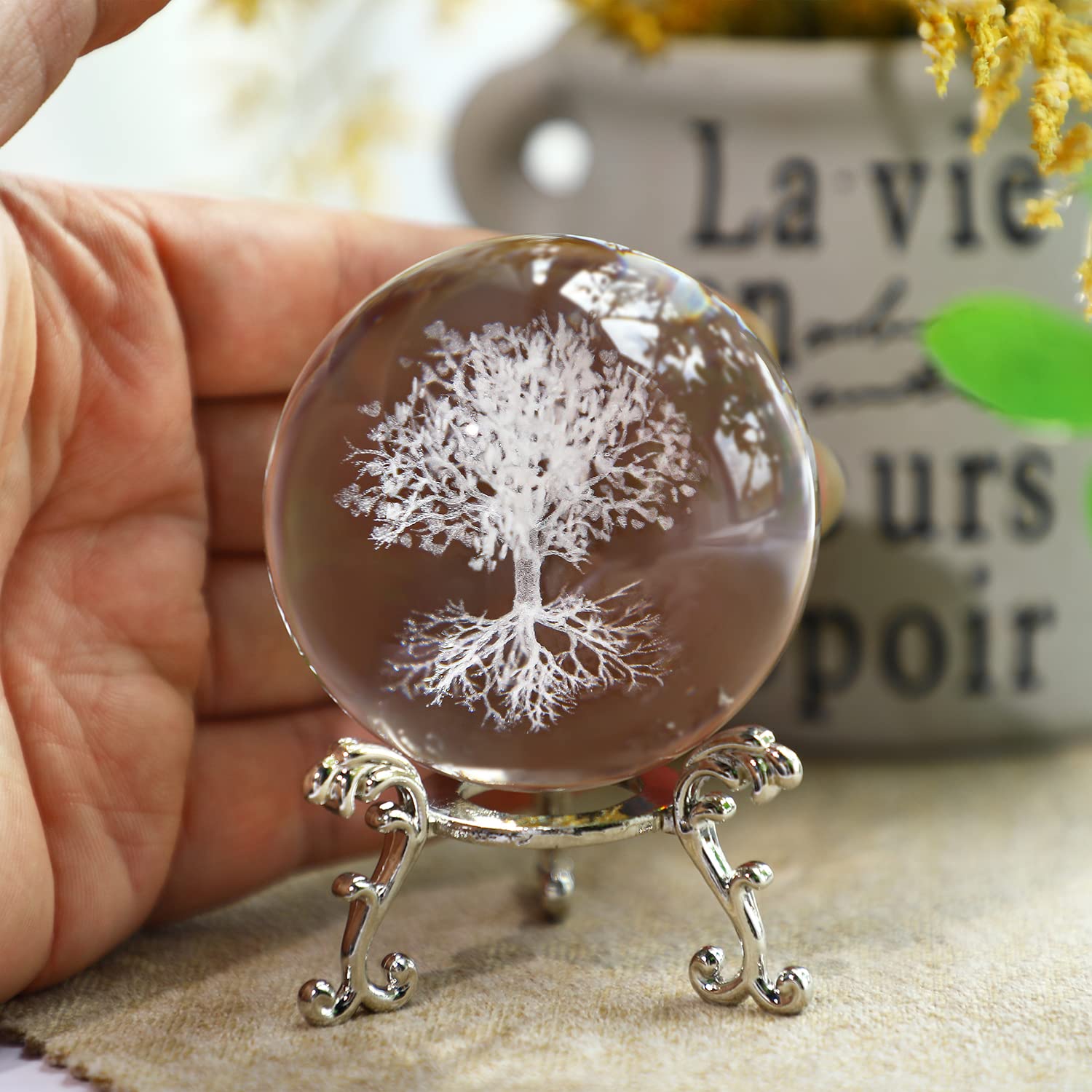H&D HYALINE & DORA 60mm Tree of Life Crystal Ball with Stand Decorative Paperweight 3D Laser Engraved Glass Plant Life Tree Sphere Novelty Home Decor - Velora