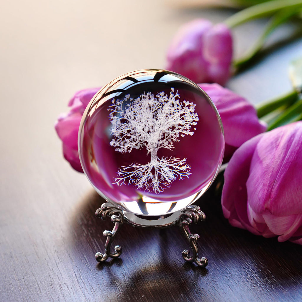 H&D HYALINE & DORA 60mm Tree of Life Crystal Ball with Stand Decorative Paperweight 3D Laser Engraved Glass Plant Life Tree Sphere Novelty Home Decor - Velora