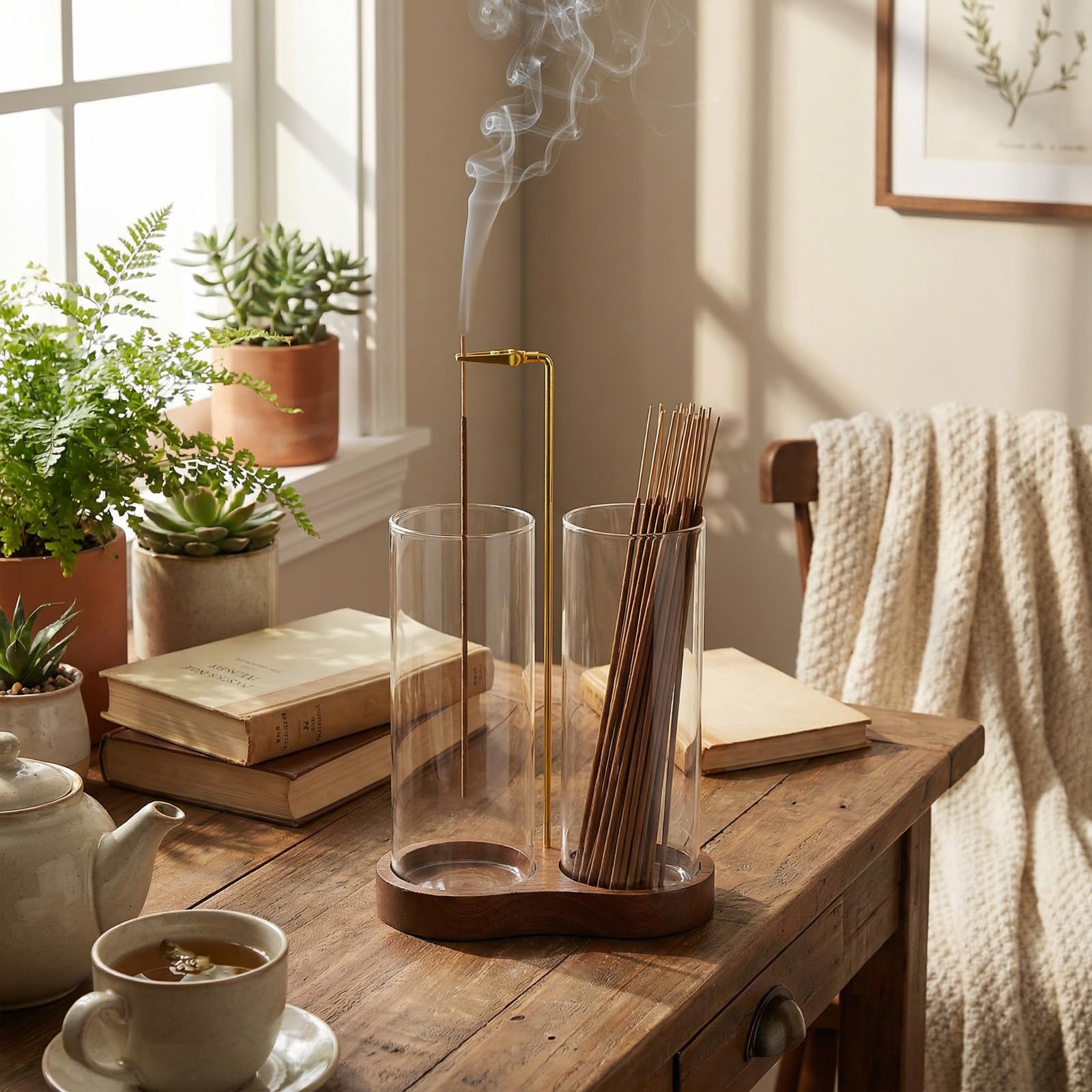 Incense Holder,Wooden Incense Holder for Sticks with 20 Incense Sticks, Anti - ash Incense Burner with Glass Ash Catcher for Meditation Yoga Spa Gift Home Decor - Velora